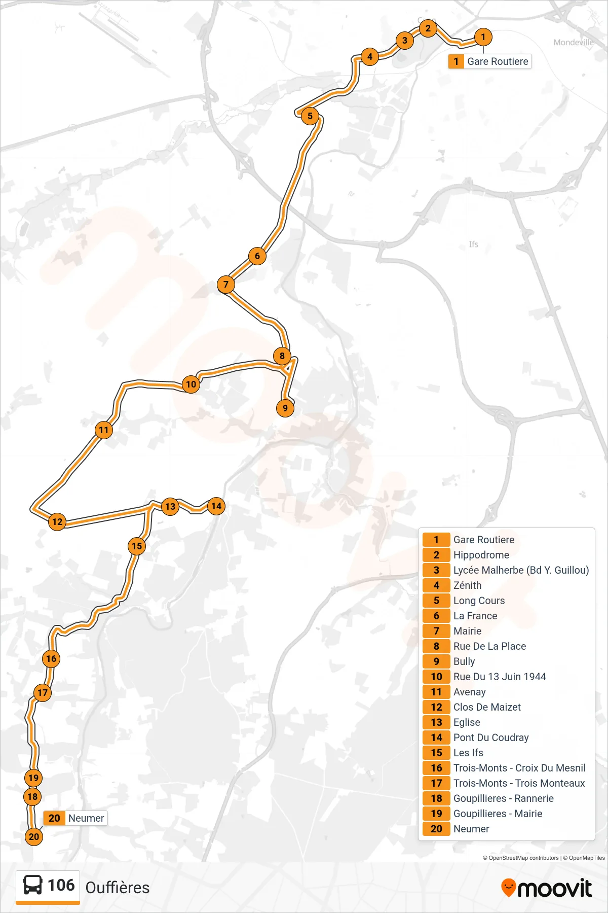 Tracé et arrêts de la ligne 106 de bus (Ouffières) sur une carte
