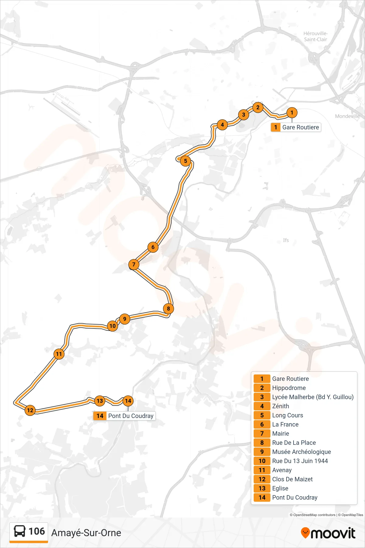 Tracé et arrêts de la ligne 106 de bus (Amayé-Sur-Orne) sur une carte