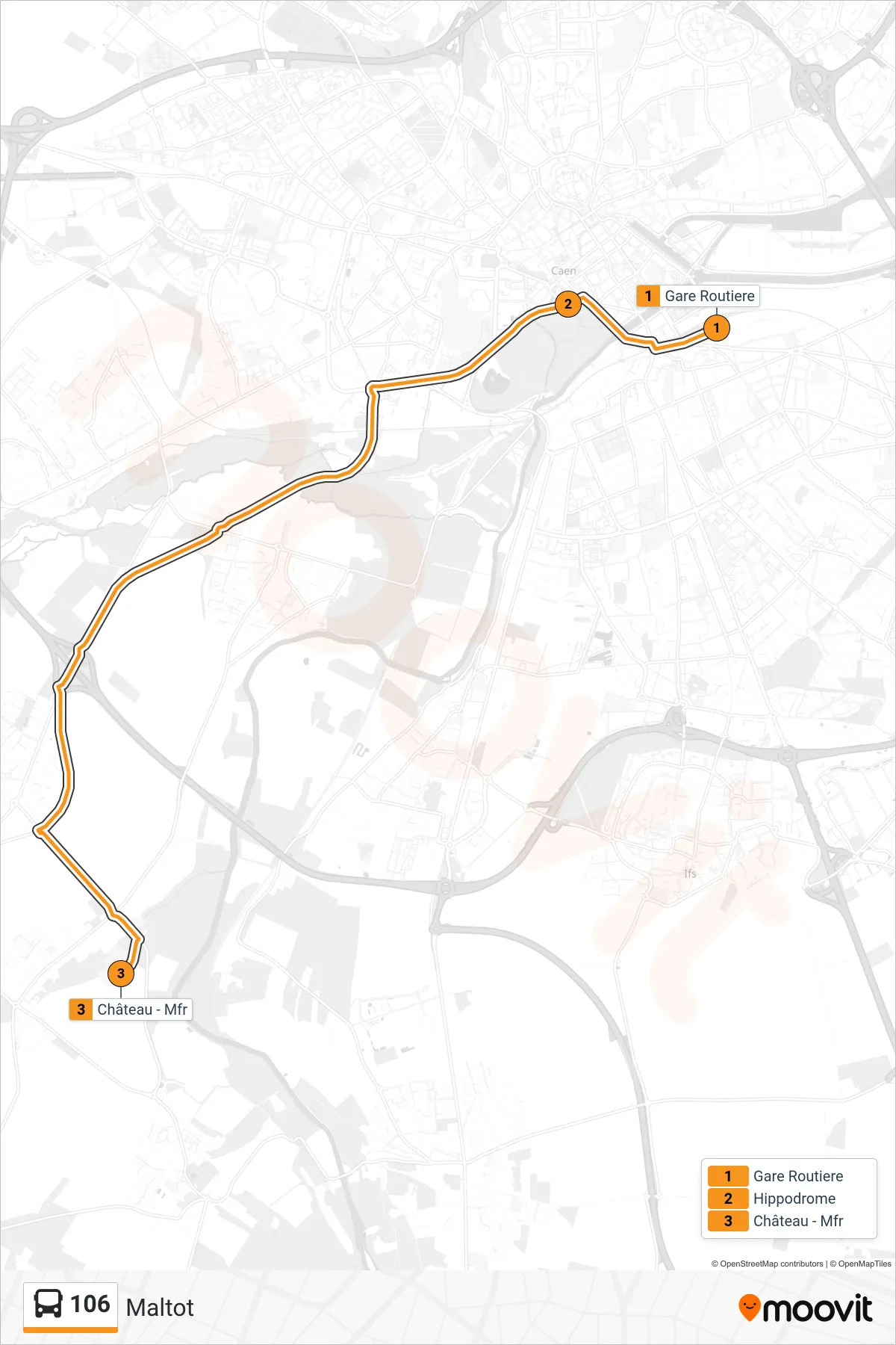 Tracé et arrêts de la ligne 106 de bus (Maltot) sur une carte