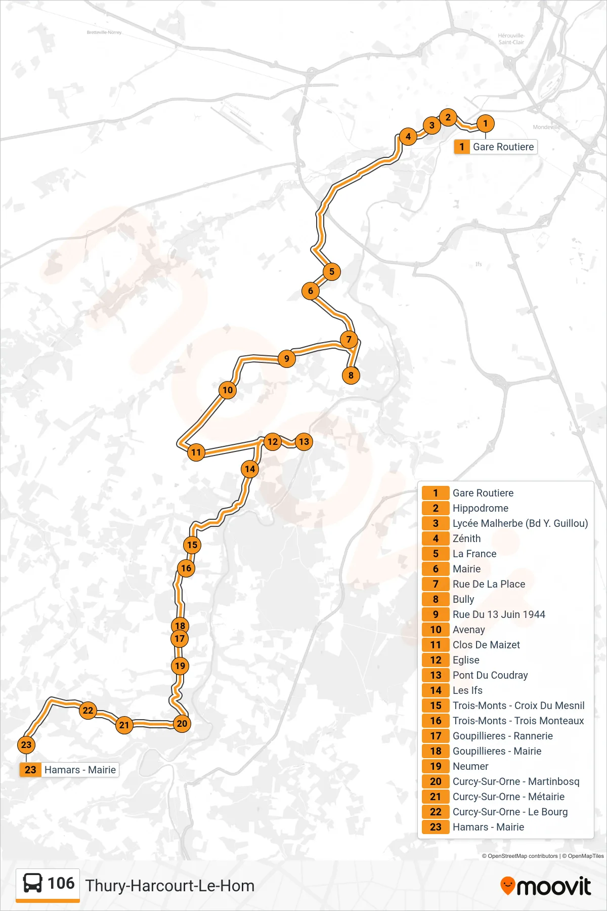 Tracé et arrêts de la ligne 106 de bus (Thury-Harcourt-Le-Hom) sur une carte