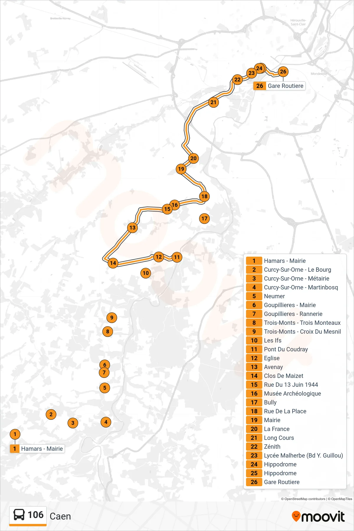 Tracé et arrêts de la ligne 106 de bus (Caen) sur une carte