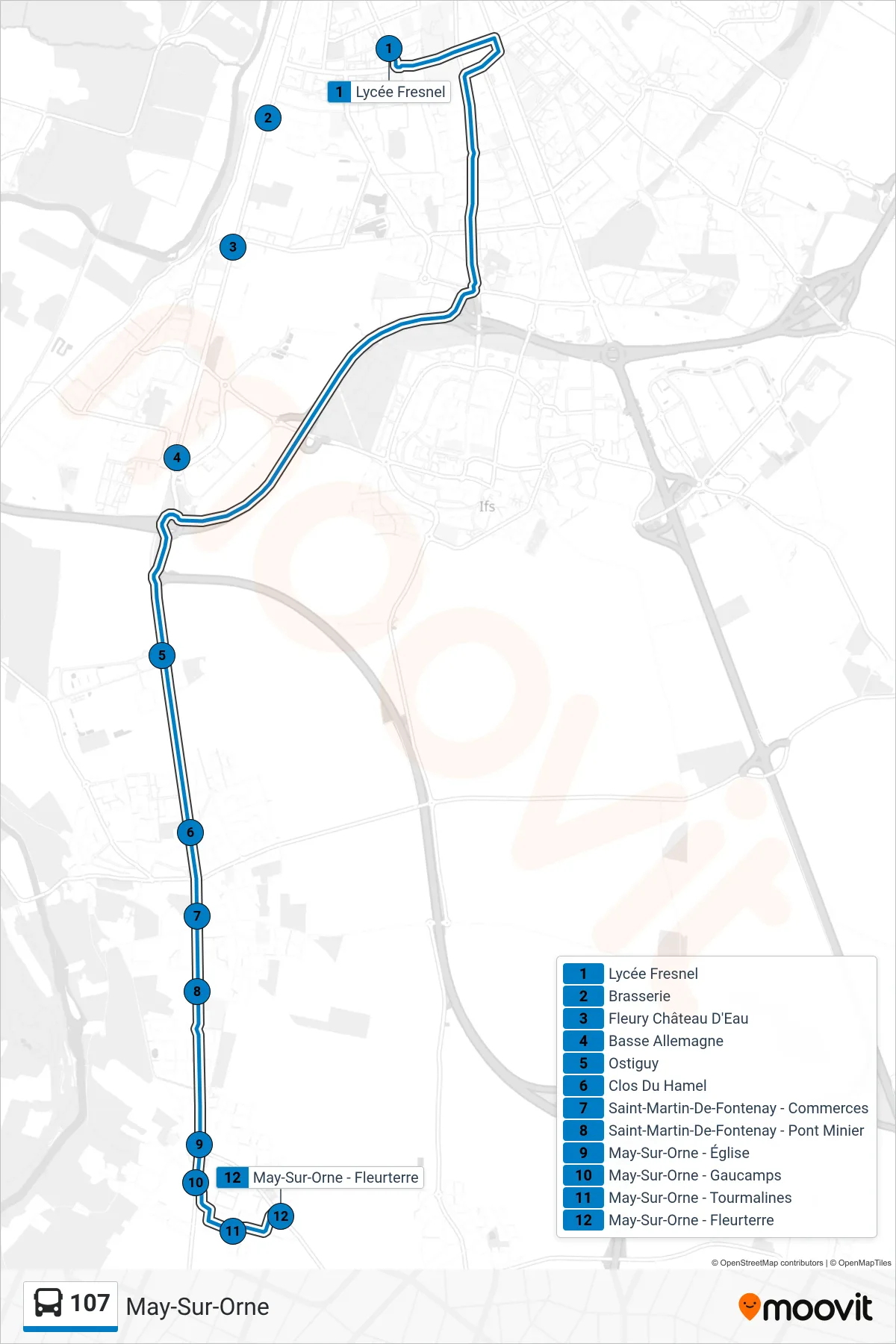 Tracé et arrêts de la ligne 107 de bus (May-Sur-Orne) sur une carte