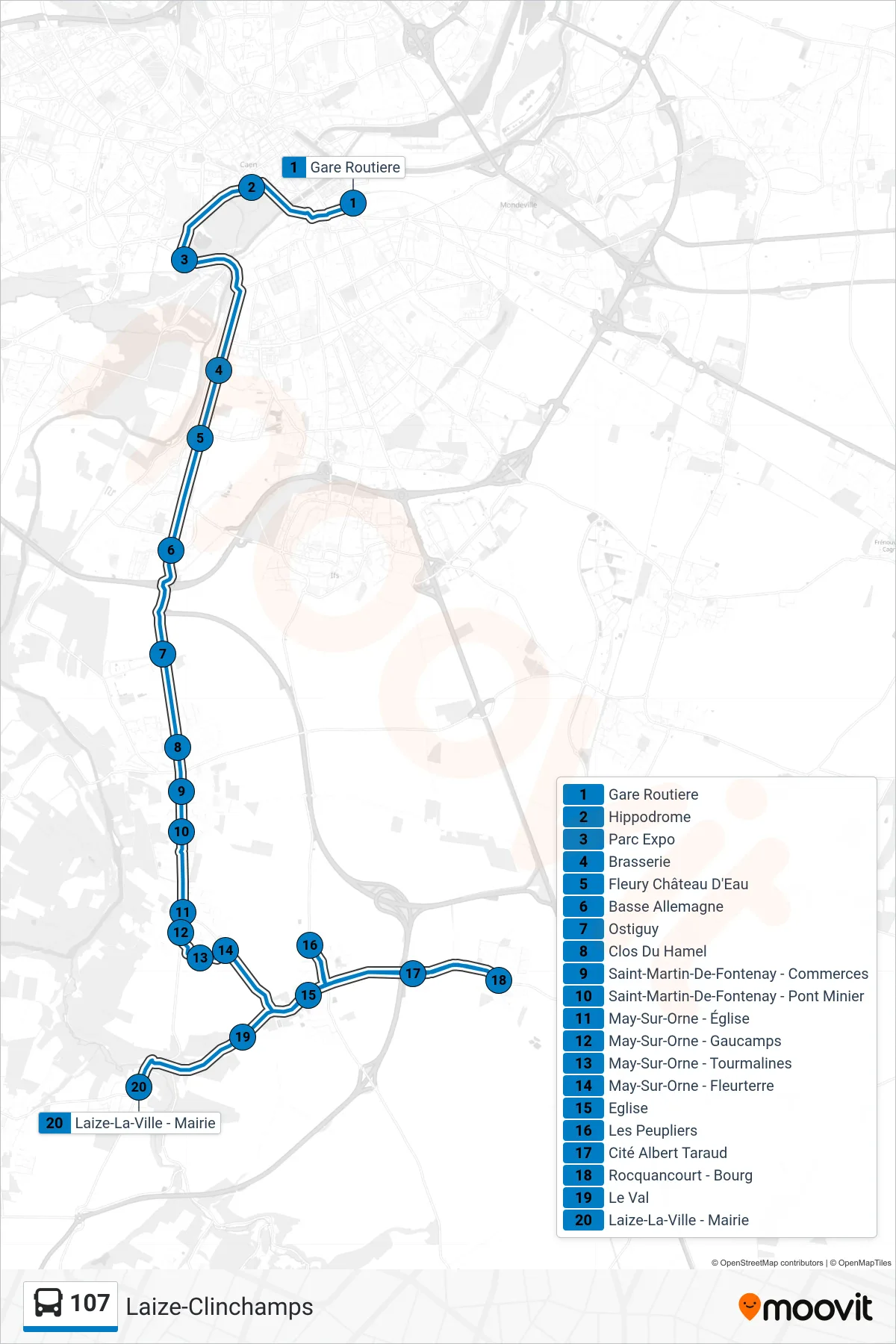 Tracé et arrêts de la ligne 107 de bus (Laize-Clinchamps) sur une carte