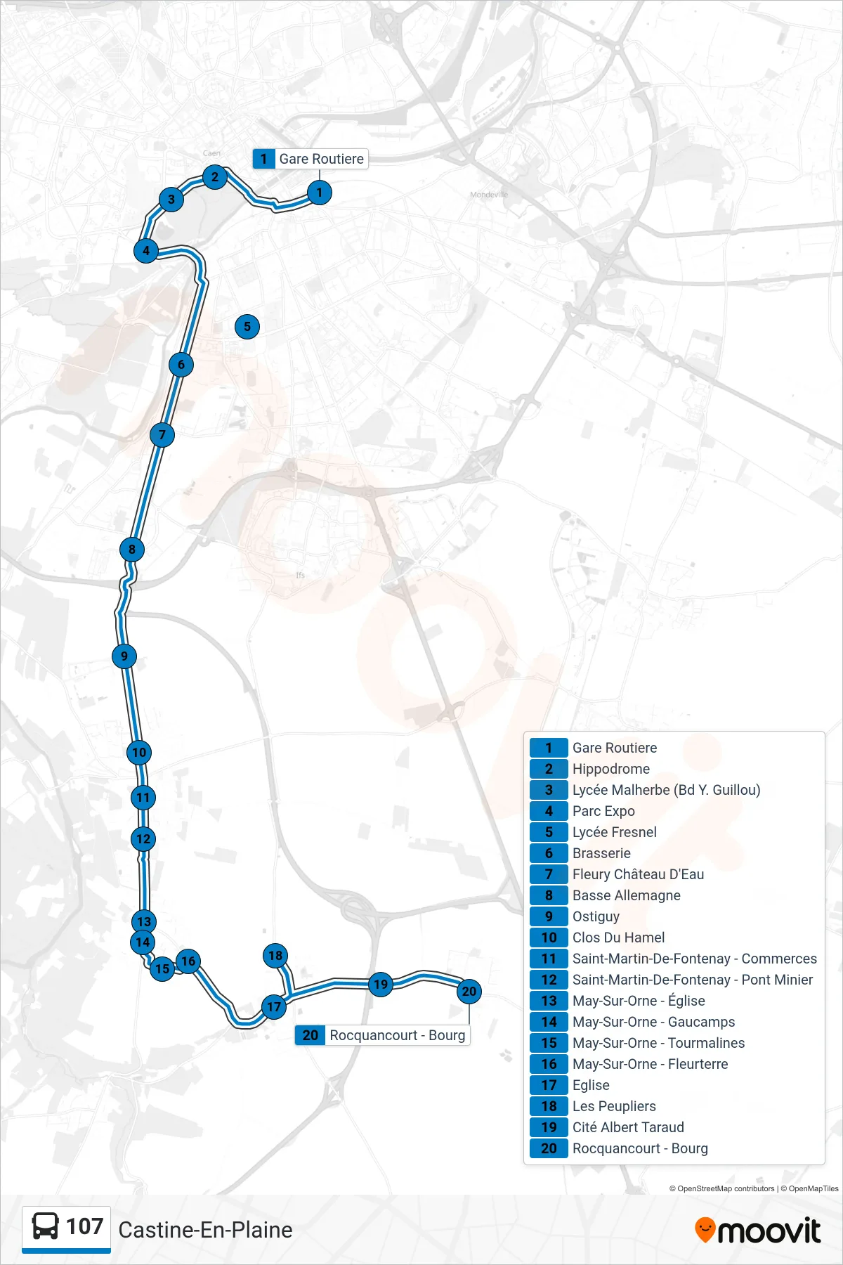 Recorrido y paradas de la línea 107 de autobús (Castine-En-Plaine) en el mapa