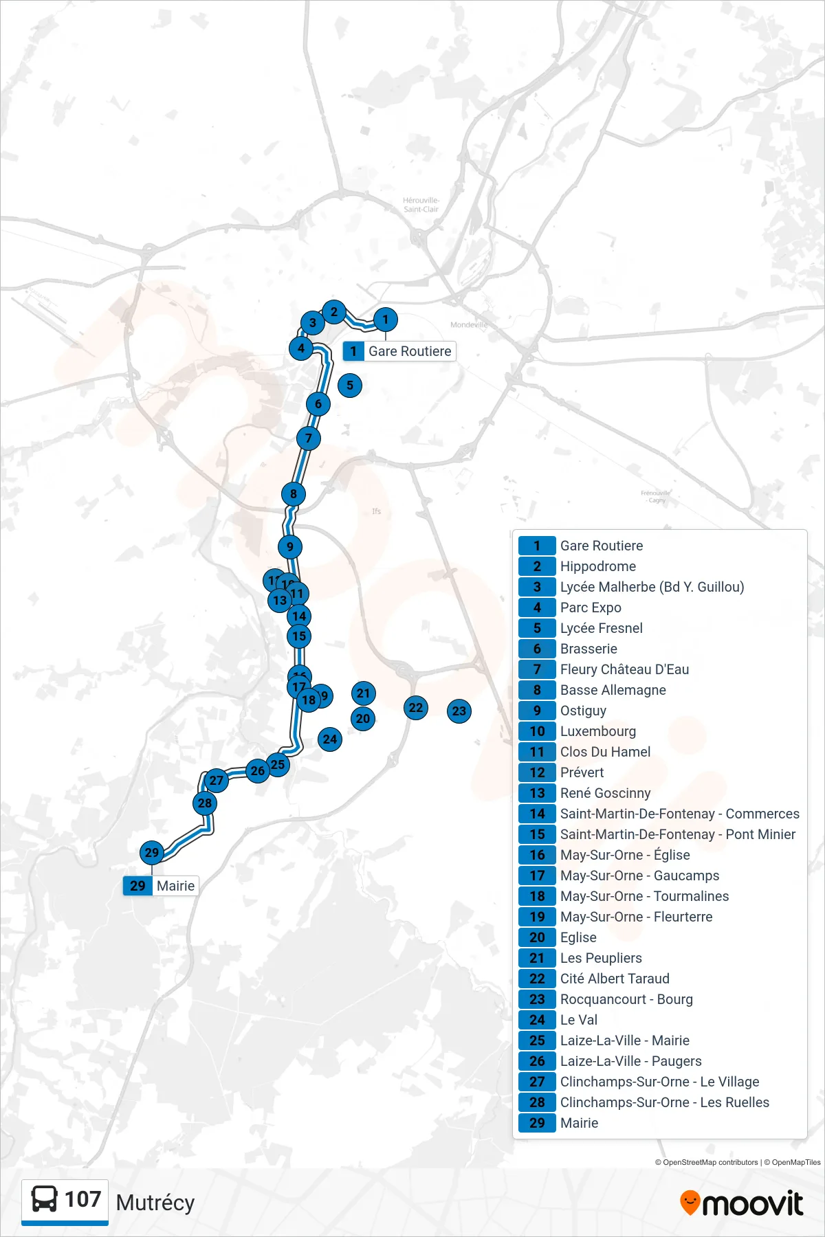 Tracé et arrêts de la ligne 107 de bus (Mutrécy) sur une carte