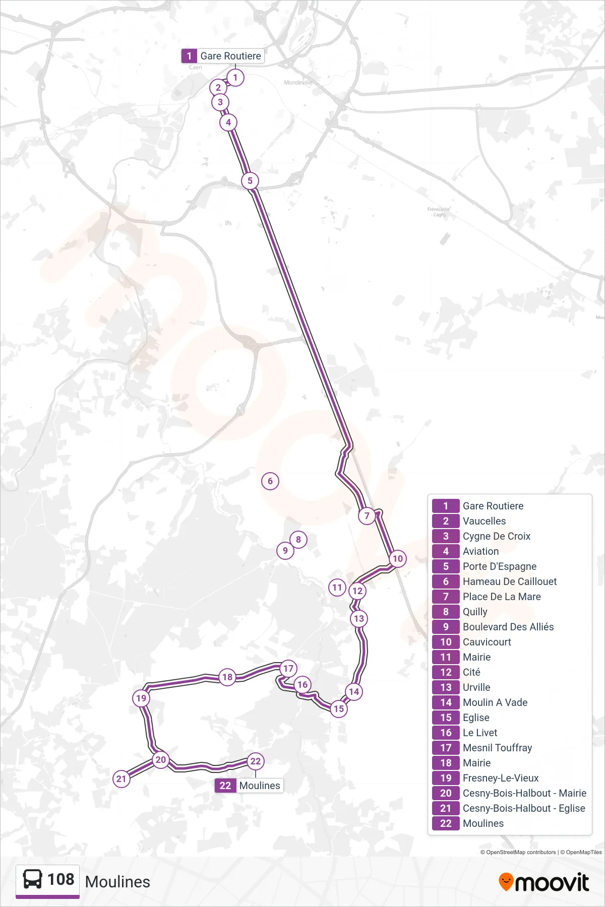 108 bus Line (Moulines) route and stops on a map