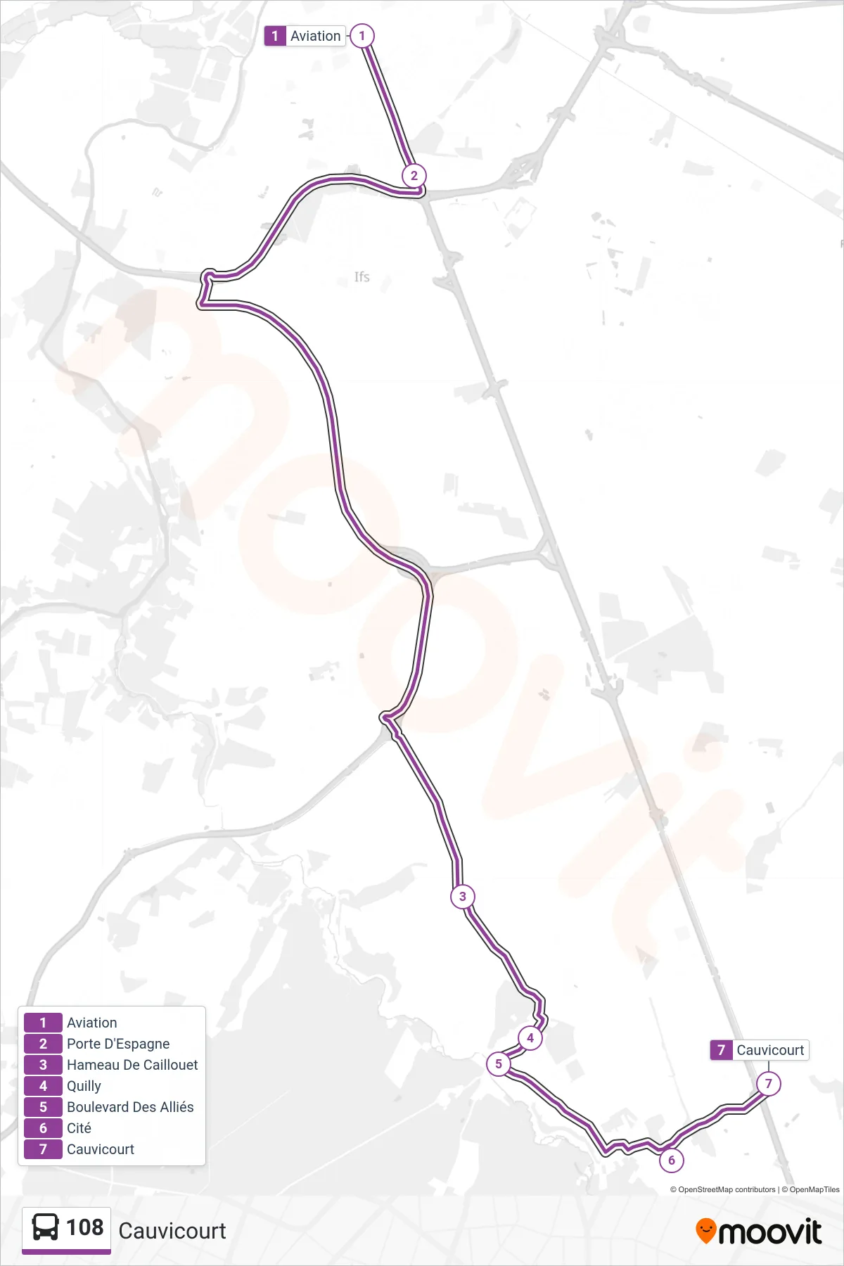 108 bus Line (Cauvicourt) route and stops on a map