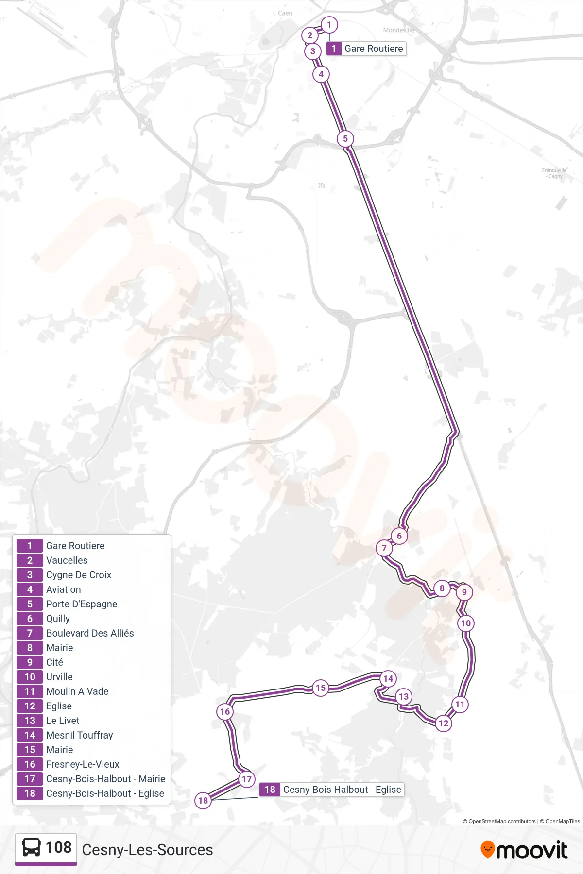 Tracé et arrêts de la ligne 108 de bus (Cesny-Les-Sources) sur une carte