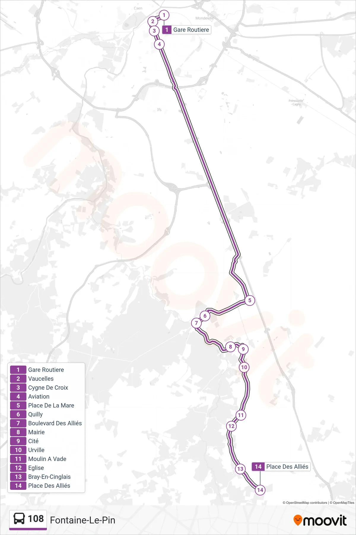 Tracé et arrêts de la ligne 108 de bus (Fontaine-Le-Pin) sur une carte