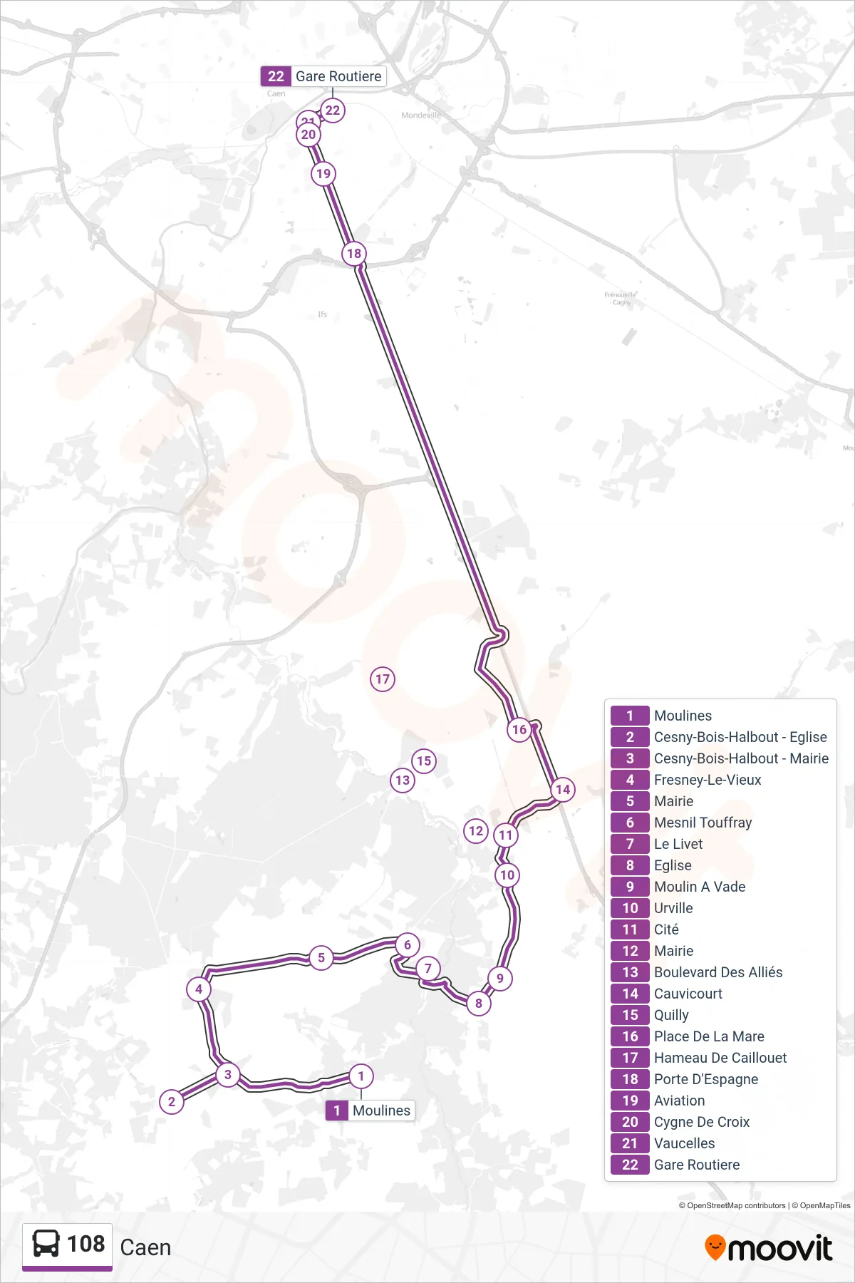 108 bus Line (Caen) route and stops on a map