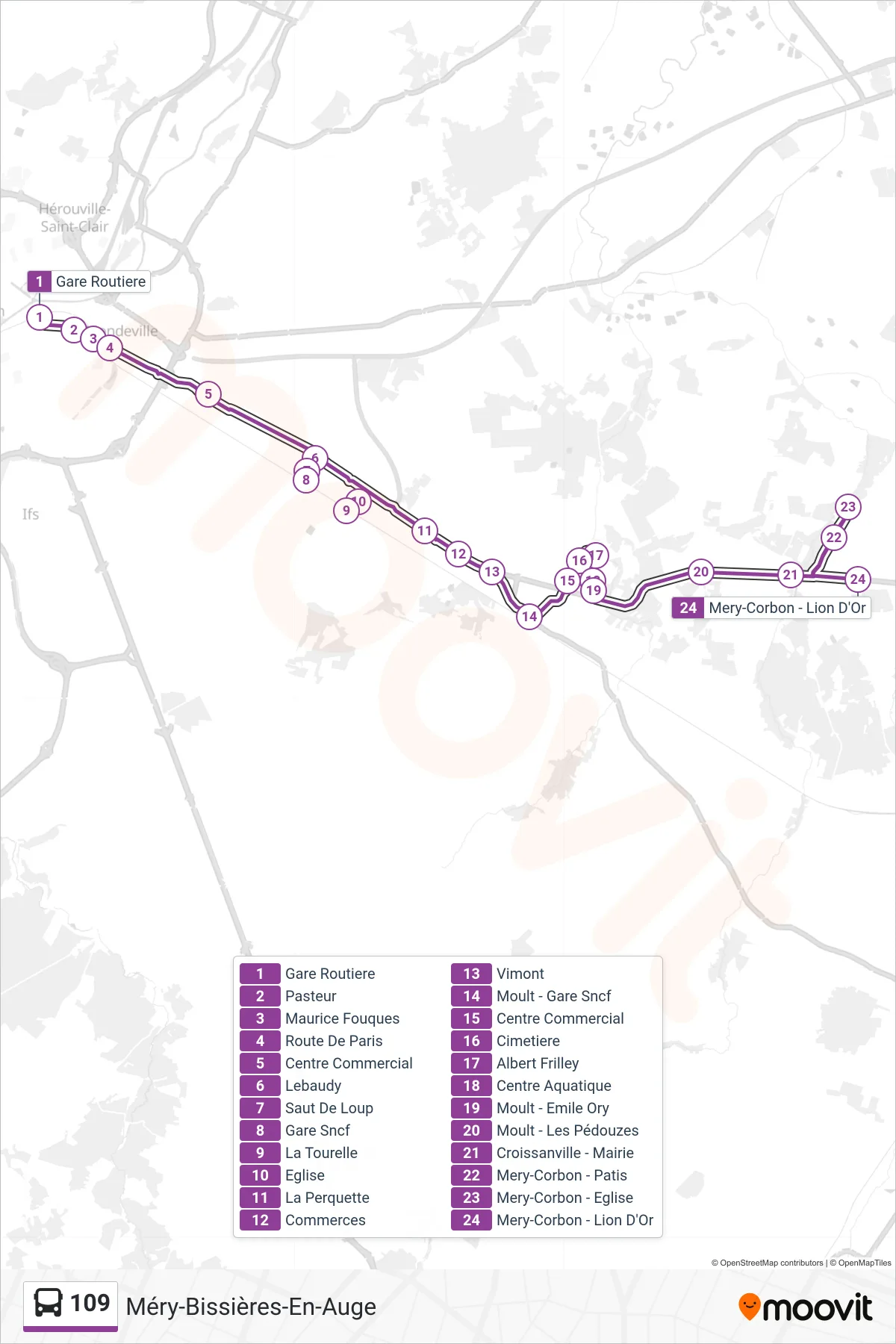 Tracé et arrêts de la ligne 109 de bus (Méry-Bissières-En-Auge) sur une carte