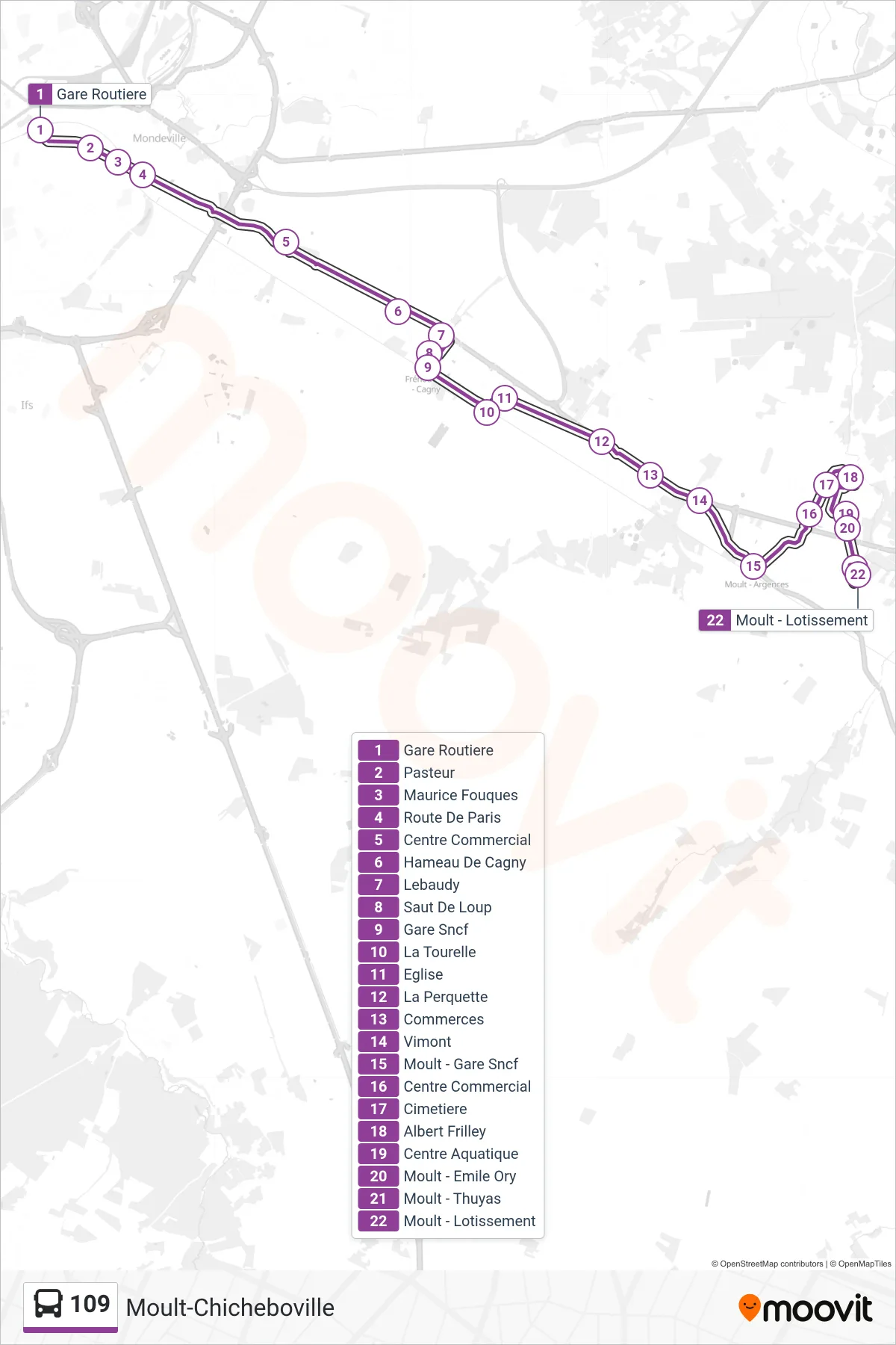 Tracé et arrêts de la ligne 109 de bus (Moult-Chicheboville) sur une carte