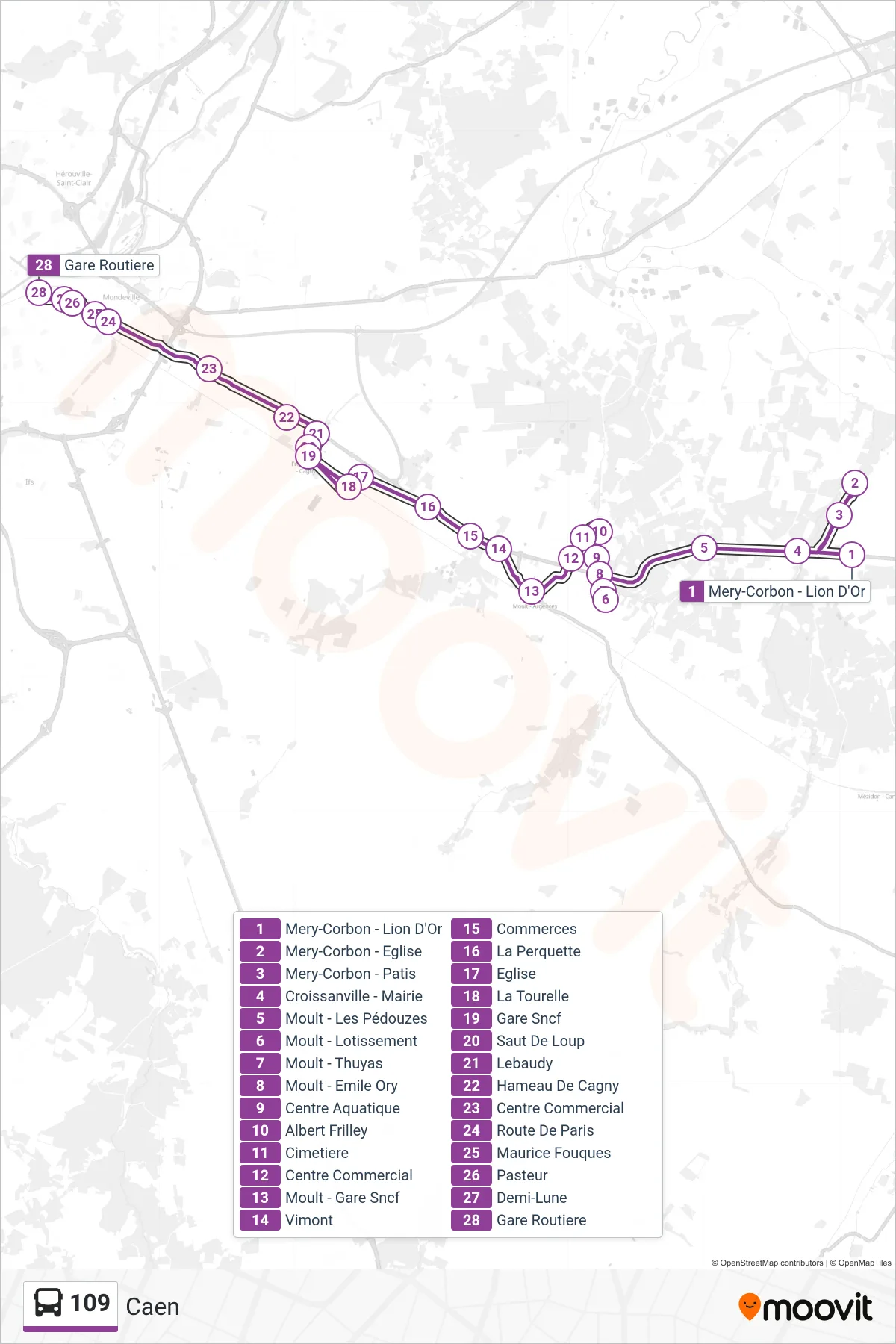 109 bus Line (Caen) route and stops on a map