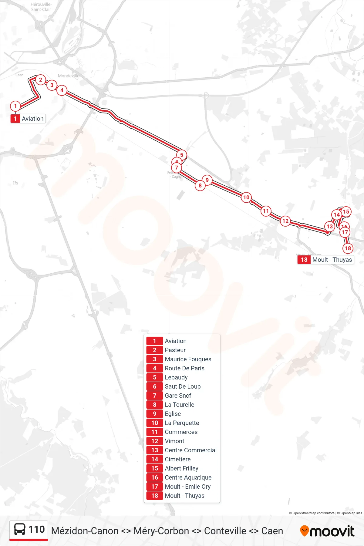Tracé et arrêts de la ligne 110 de bus (Moult-Chicheboville) sur une carte