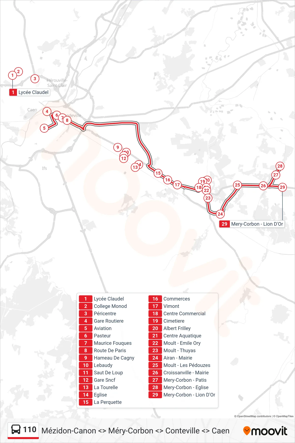 Tracé et arrêts de la ligne 110 de bus (Méry-Bissières-En-Auge) sur une carte