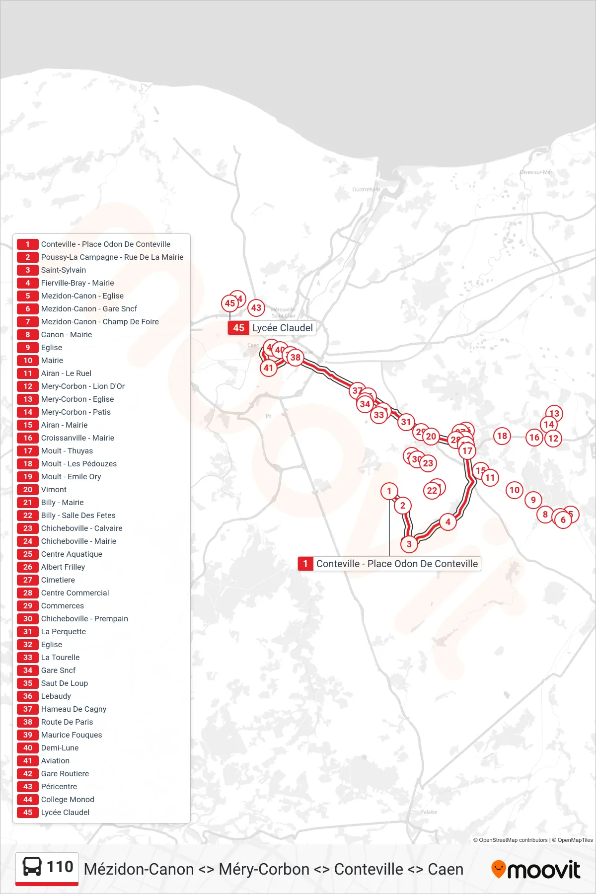 110 bus Line (Caen) route and stops on a map