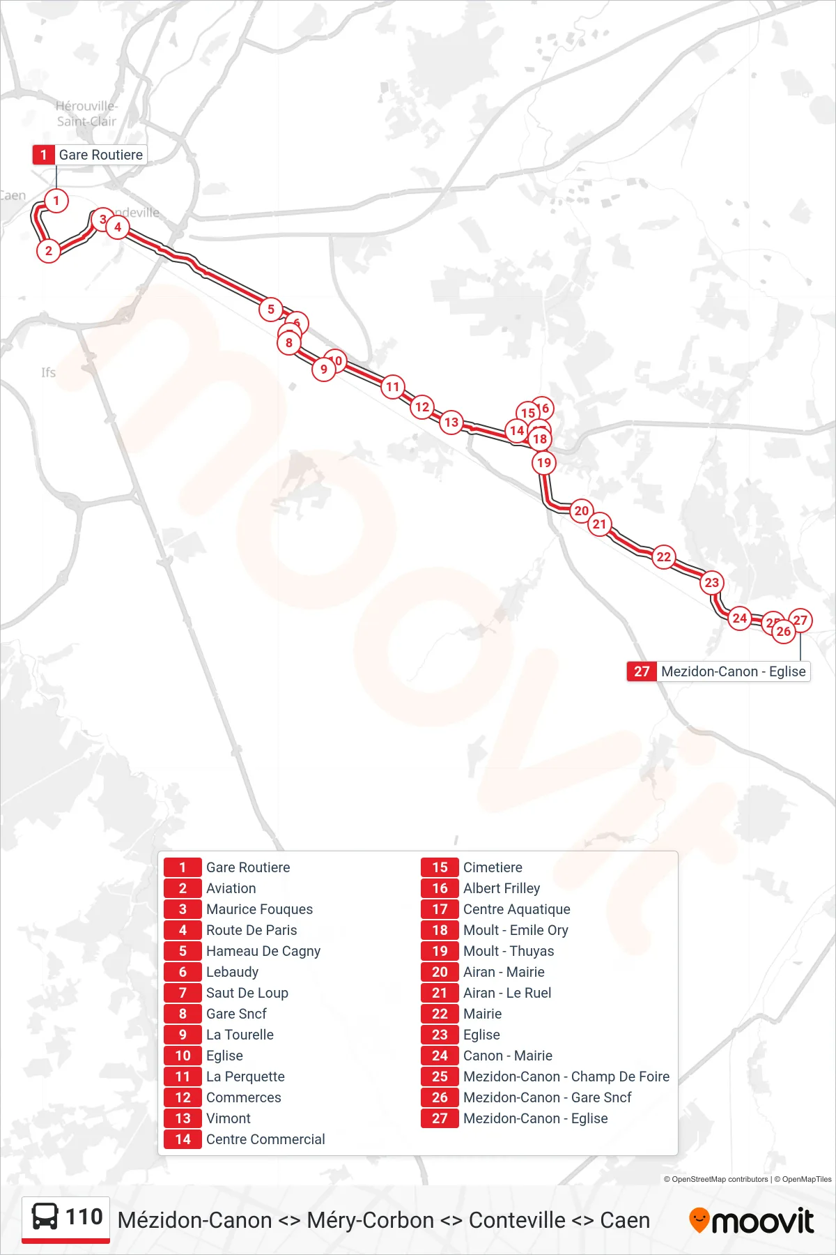 Tracé et arrêts de la ligne 110 de bus (Mézidon Vallée D'Auge) sur une carte