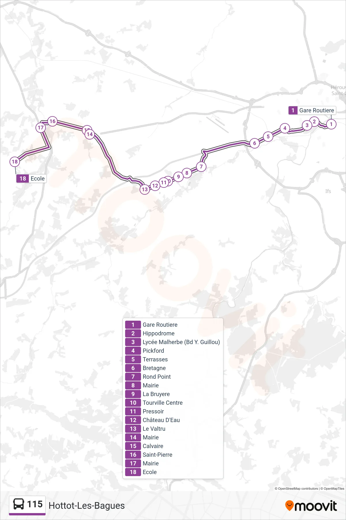 Tracé et arrêts de la ligne 115 de bus (Hottot-Les-Bagues) sur une carte