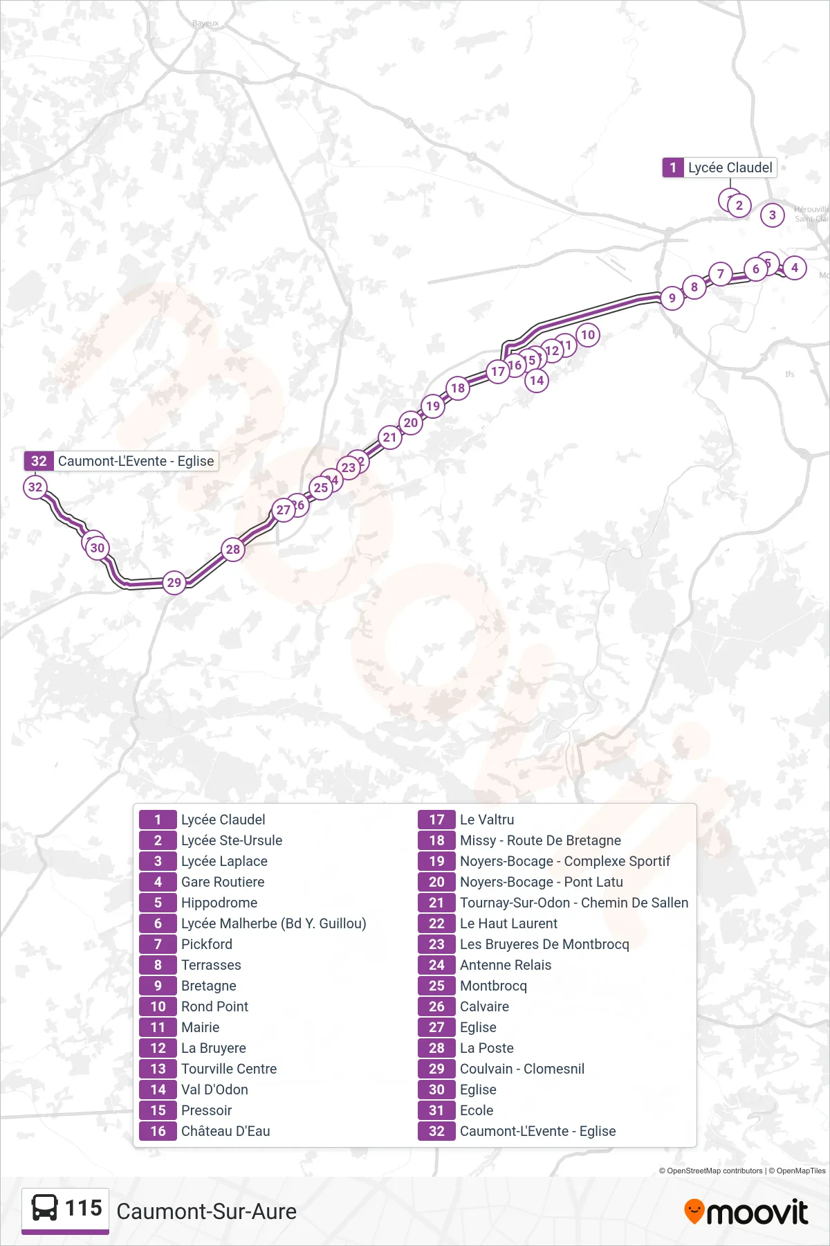 Recorrido y paradas de la línea 115 de autobús (Caumont-Sur-Aure) en el mapa