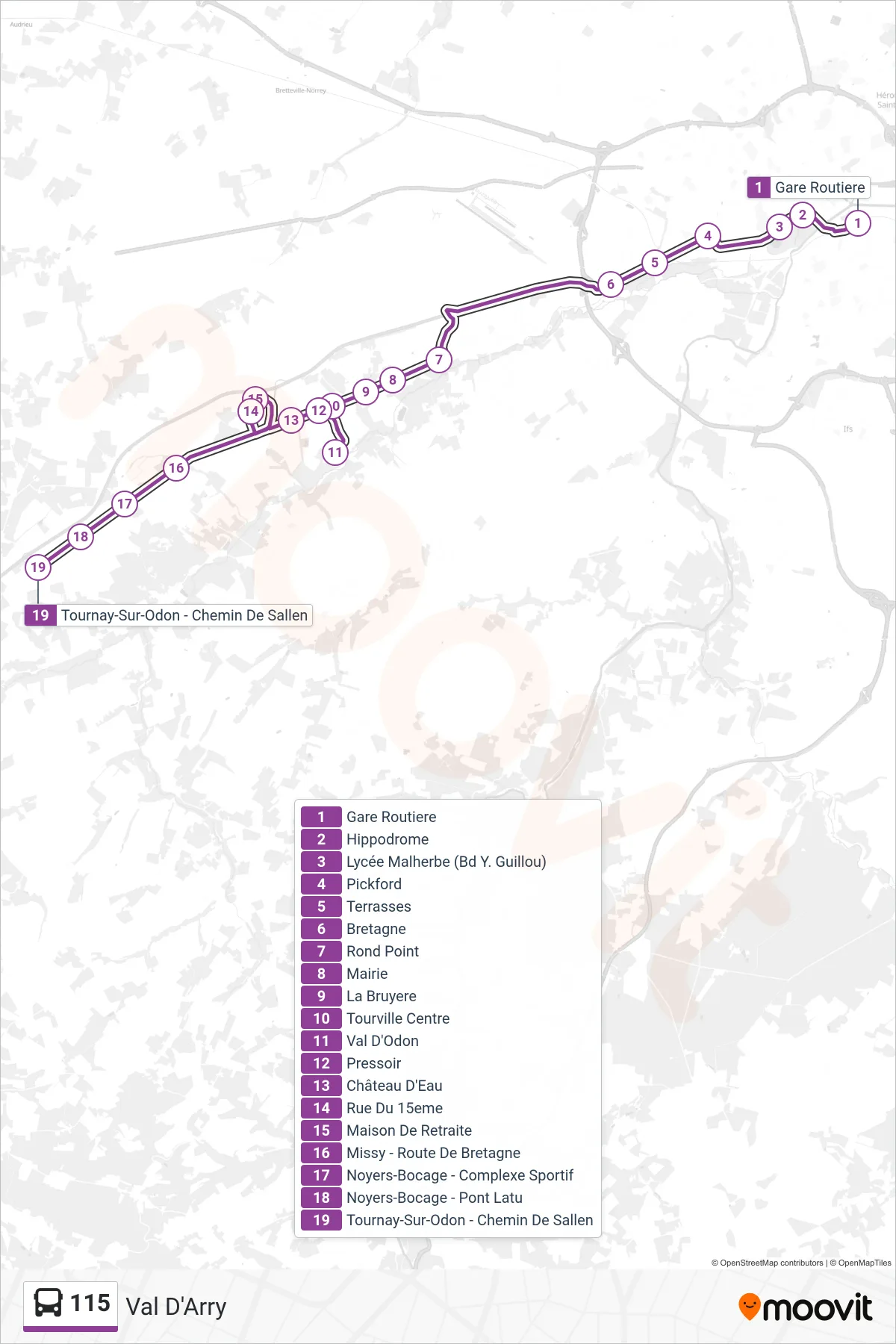 Tracé et arrêts de la ligne 115 de bus (Val D'Arry) sur une carte