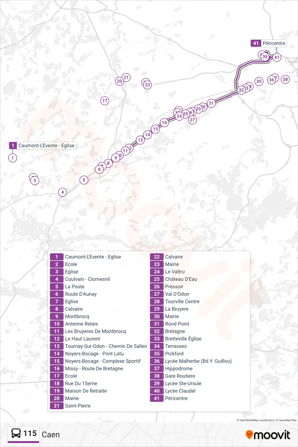 Tracé et arrêts de la ligne 115 de bus (Caen) sur une carte