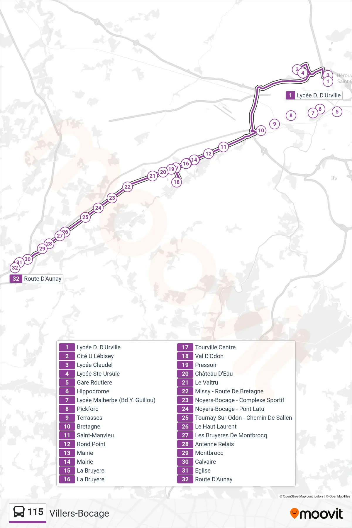 Tracé et arrêts de la ligne 115 de bus (Villers-Bocage) sur une carte