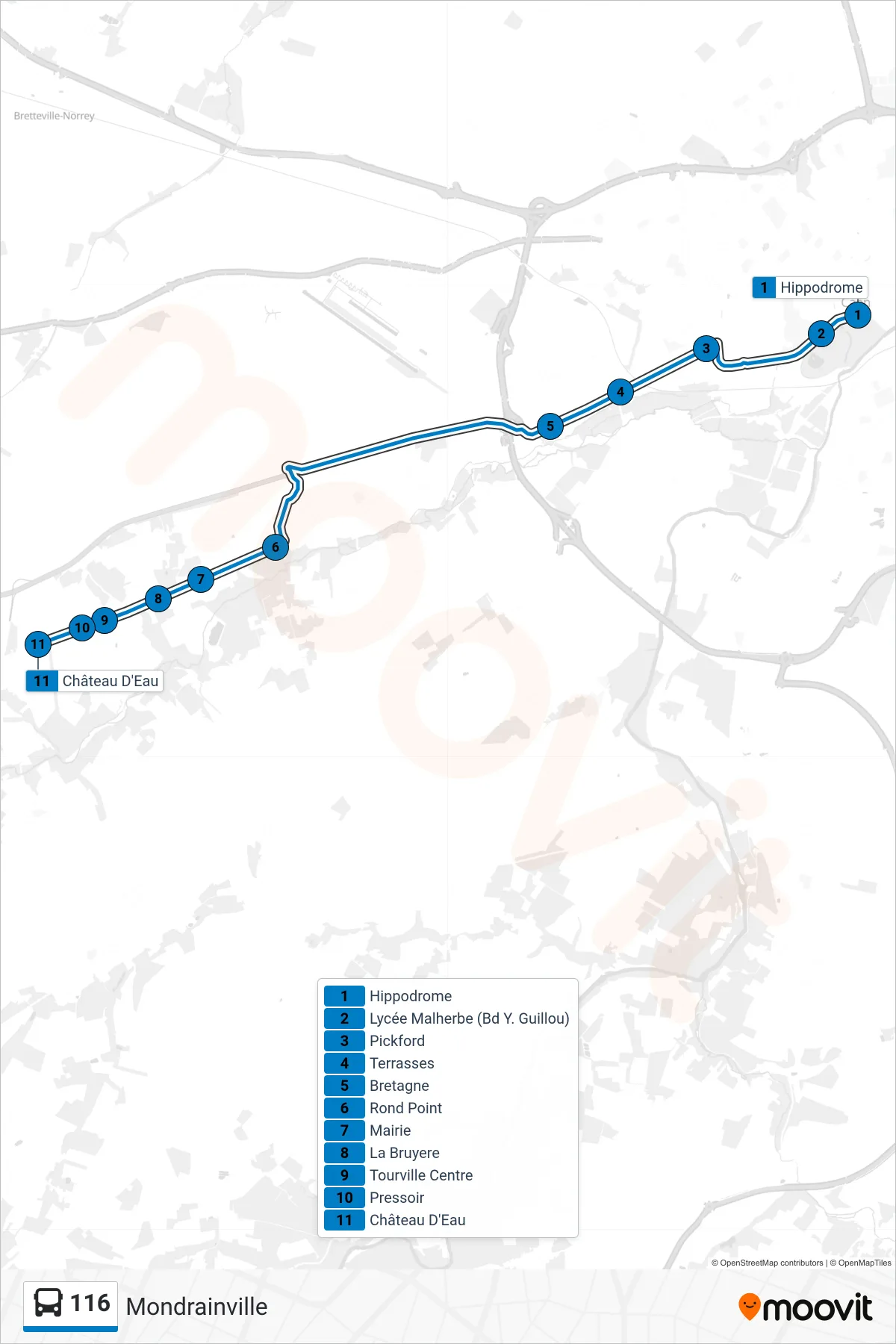 Tracé et arrêts de la ligne 116 de bus (Mondrainville) sur une carte