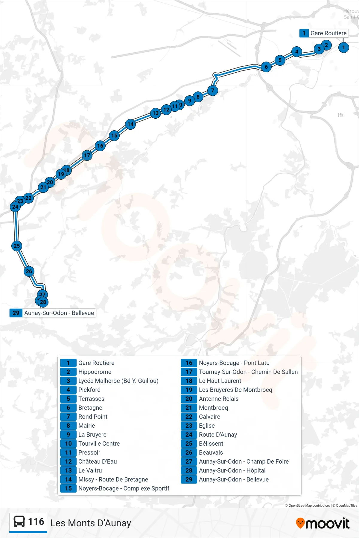 Recorrido y paradas de la línea 116 de autobús (Les Monts D'Aunay) en el mapa