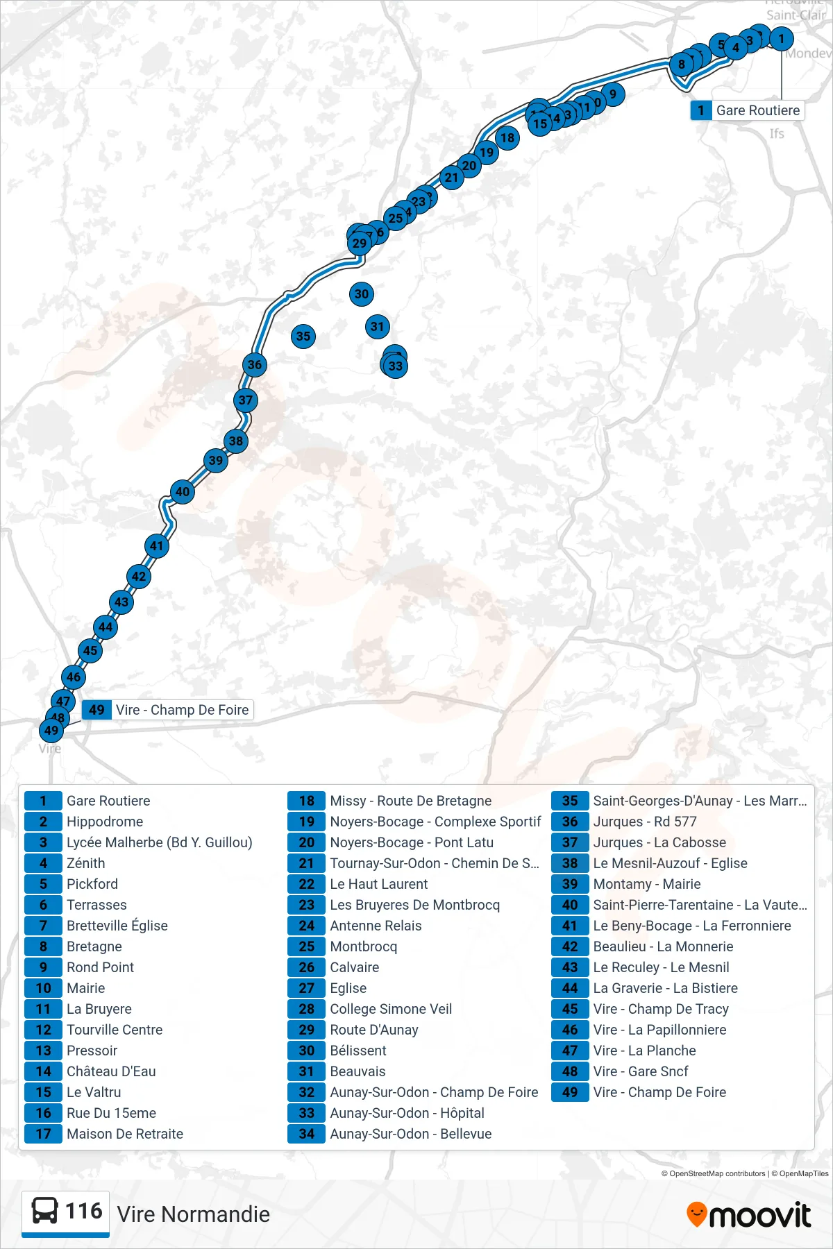 Recorrido y paradas de la línea 116 de autobús (Vire Normandie) en el mapa