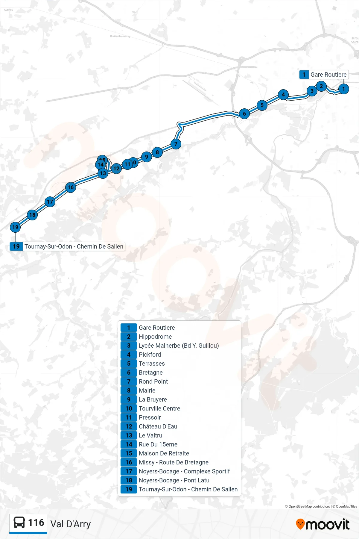 Tracé et arrêts de la ligne 116 de bus (Val D'Arry) sur une carte