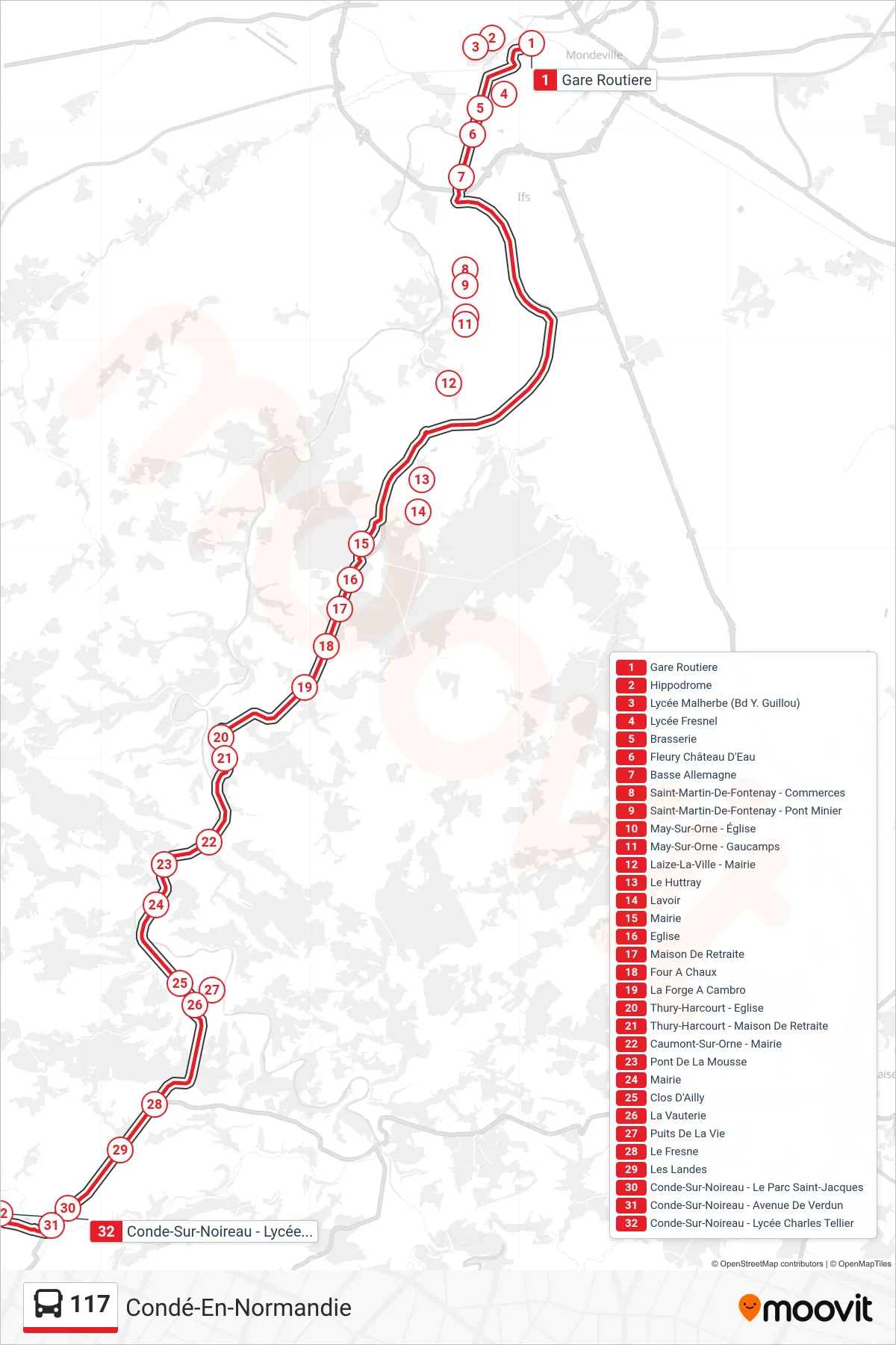 Tracé et arrêts de la ligne 117 de bus (Condé-En-Normandie) sur une carte