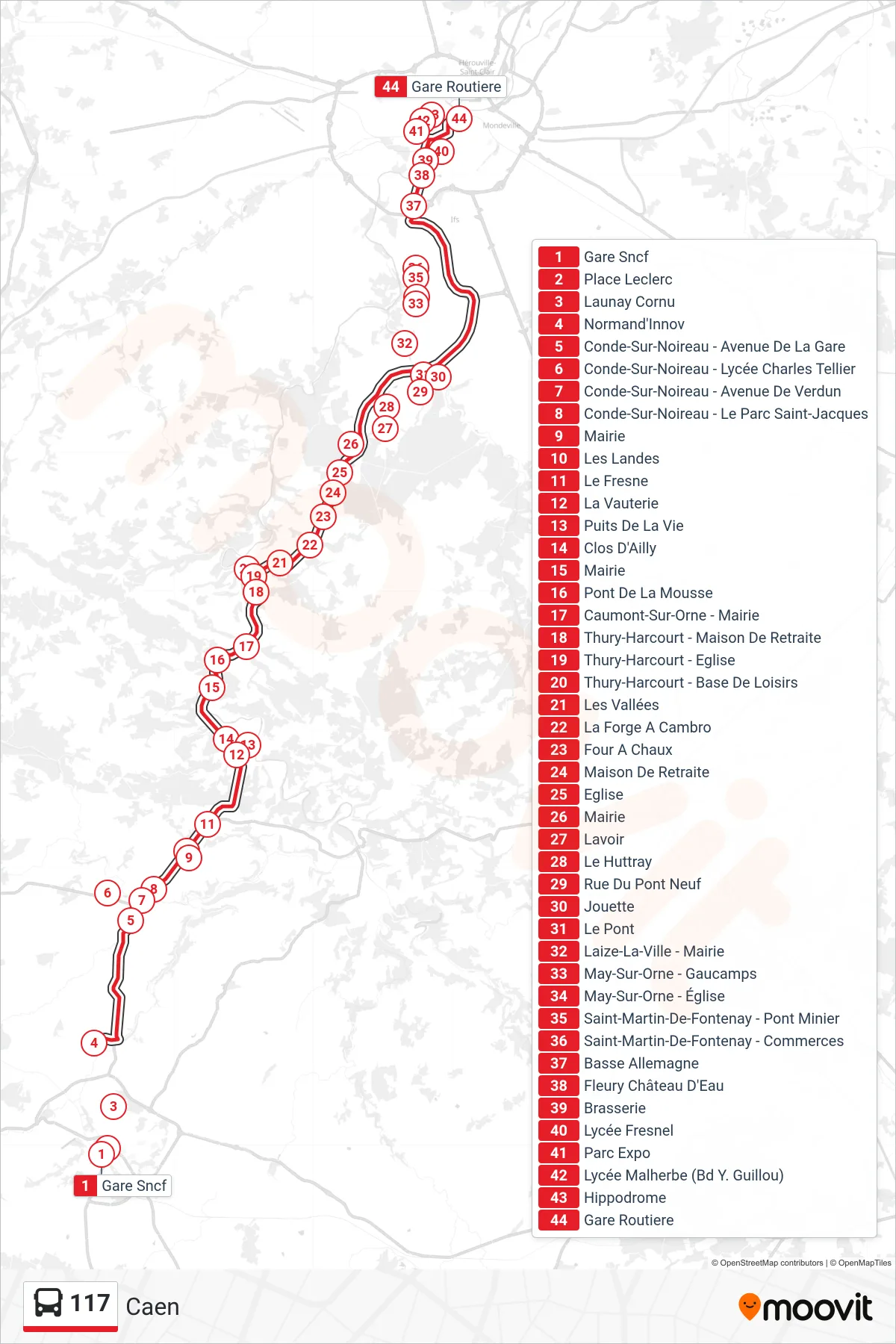 Recorrido y paradas de la línea 117 de autobús (Caen) en el mapa