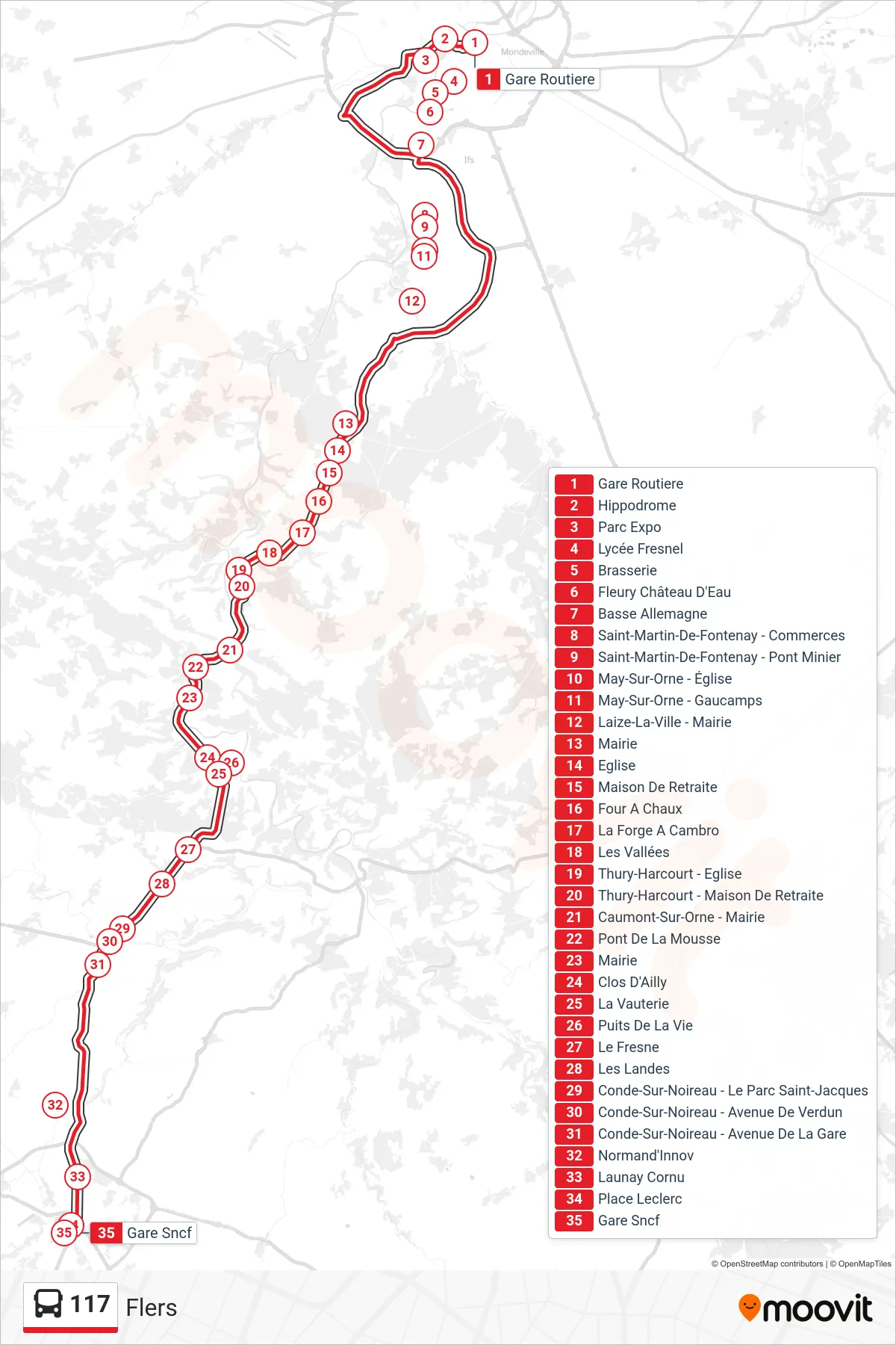 Tracé et arrêts de la ligne 117 de bus (Flers) sur une carte