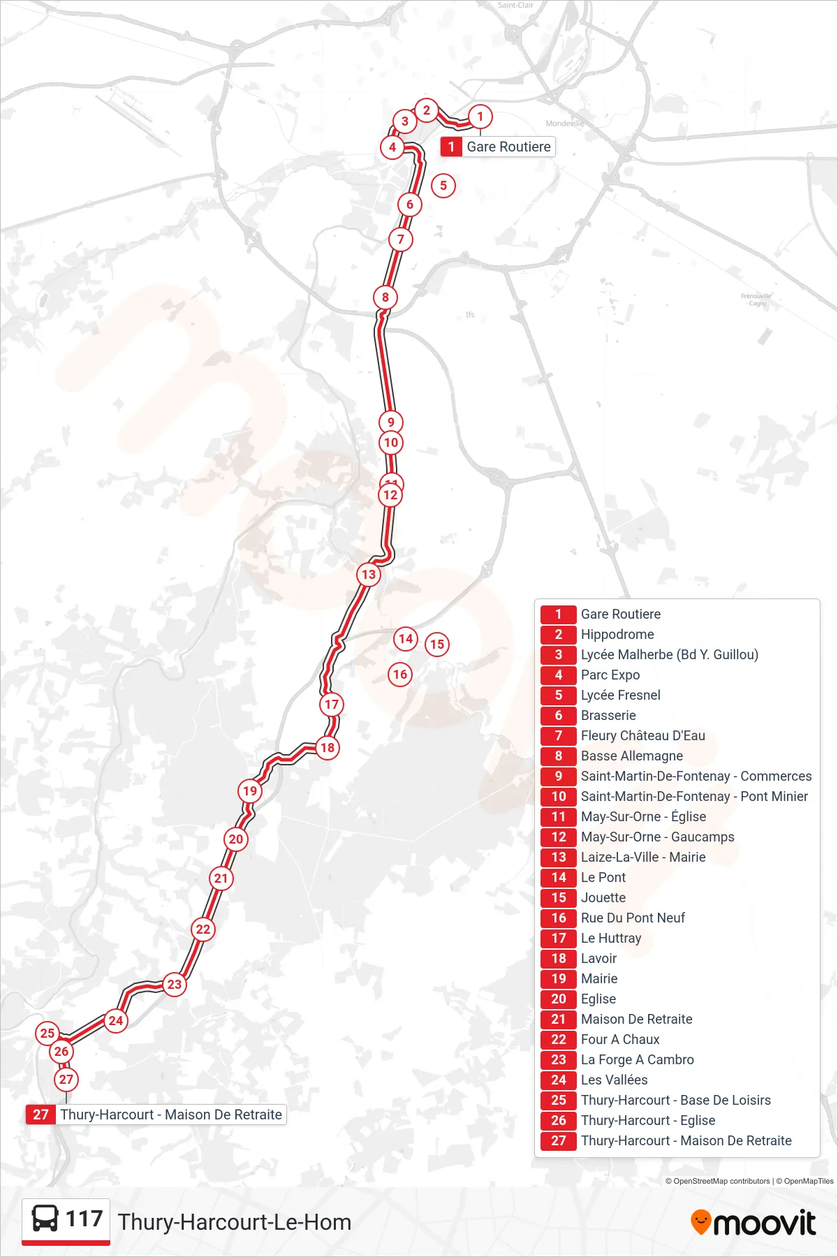 Tracé et arrêts de la ligne 117 de bus (Thury-Harcourt-Le-Hom) sur une carte