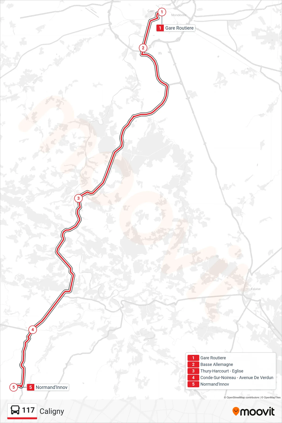 Tracé et arrêts de la ligne 117 de bus (Caligny) sur une carte