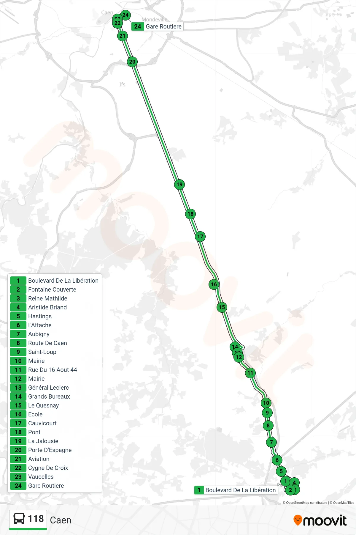 Tracé et arrêts de la ligne 118 de bus (Caen) sur une carte