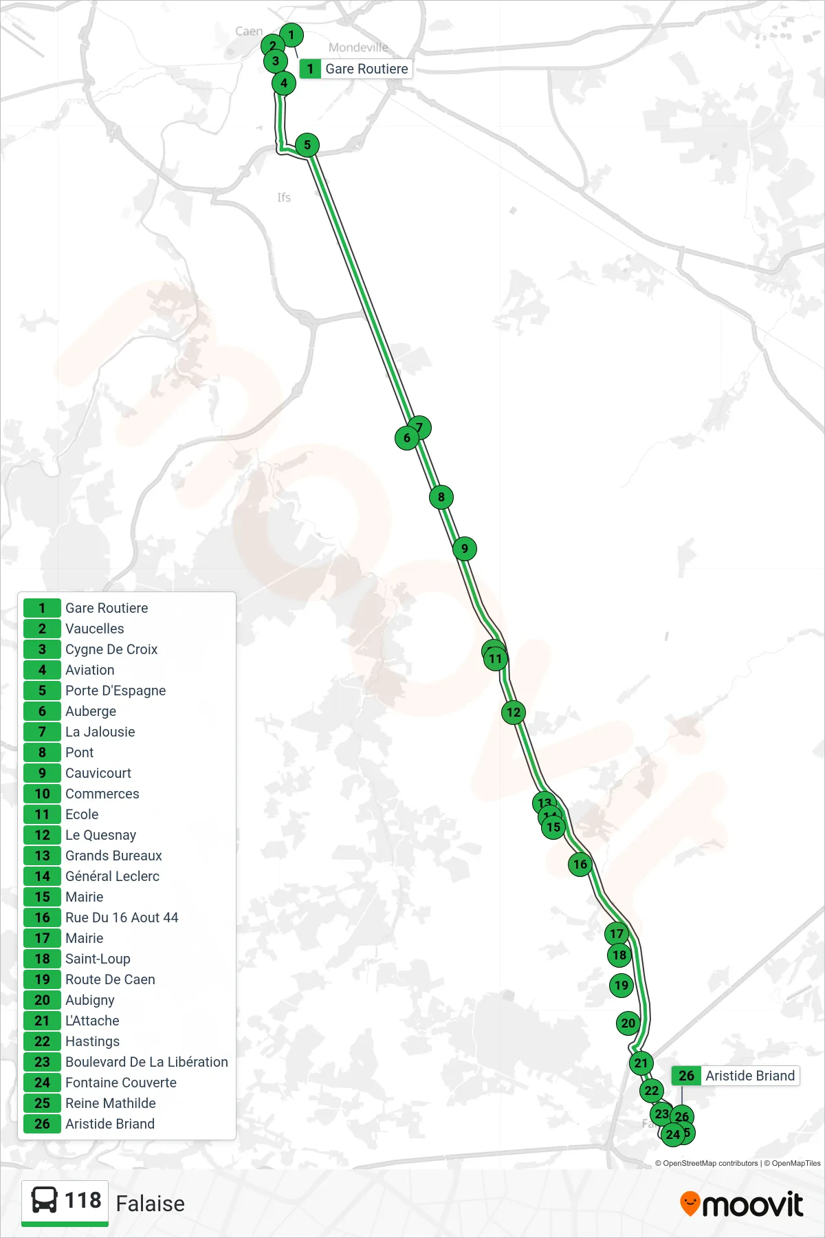 118 bus Line (Falaise) route and stops on a map