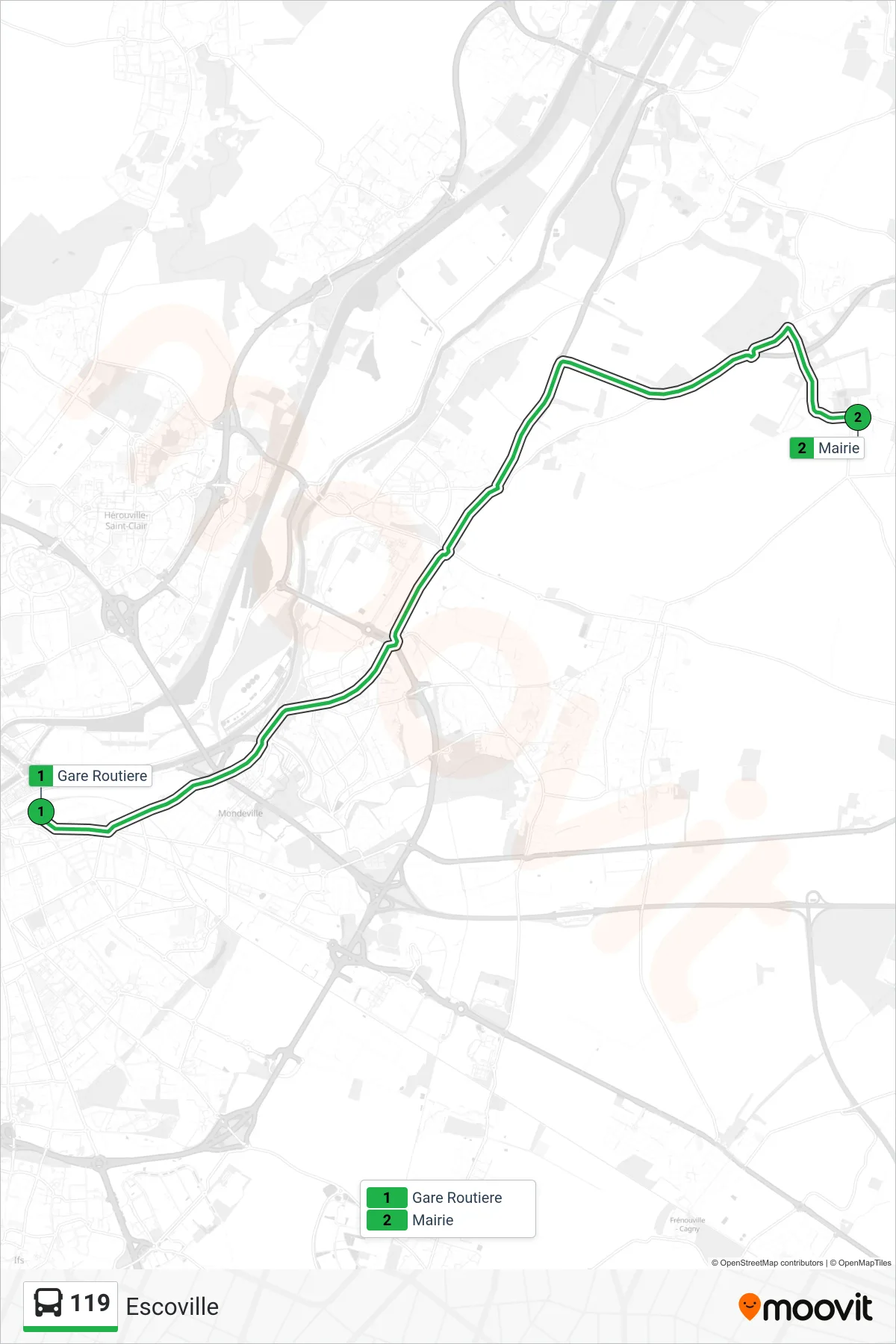 Tracé et arrêts de la ligne 119 de bus (Escoville) sur une carte