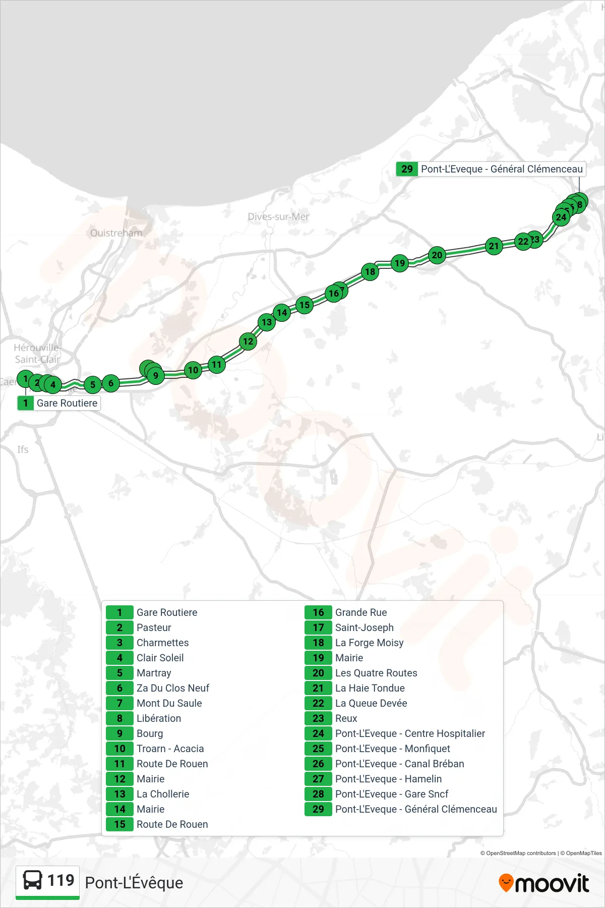 Recorrido y paradas de la línea 119 de autobús (Pont-L'Évêque) en el mapa