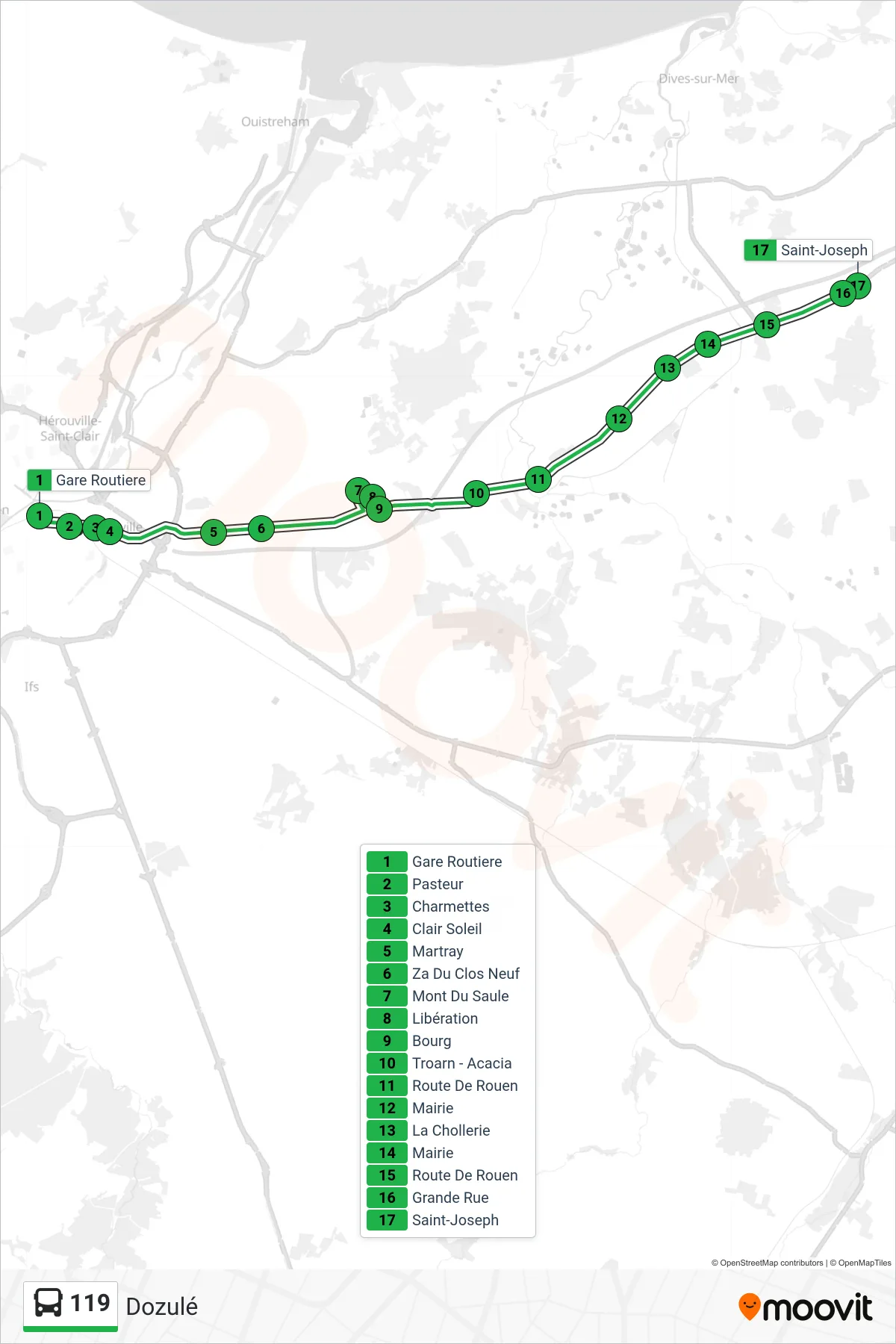 Recorrido y paradas de la línea 119 de autobús (Dozulé) en el mapa