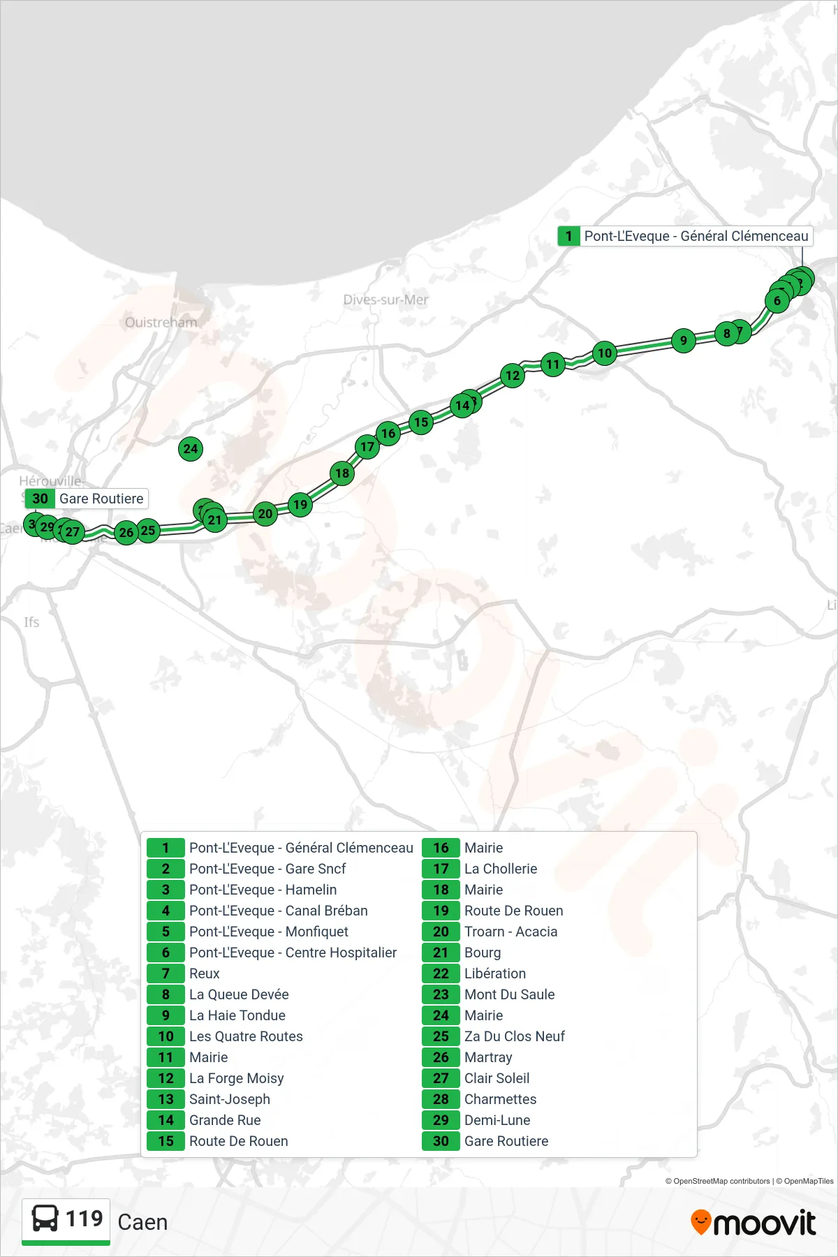 Tracé et arrêts de la ligne 119 de bus (Caen) sur une carte