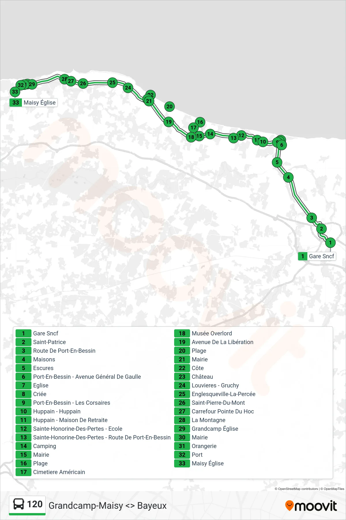 Recorrido y paradas de la línea 120 de autobús (Grandcamp-Maisy) en el mapa