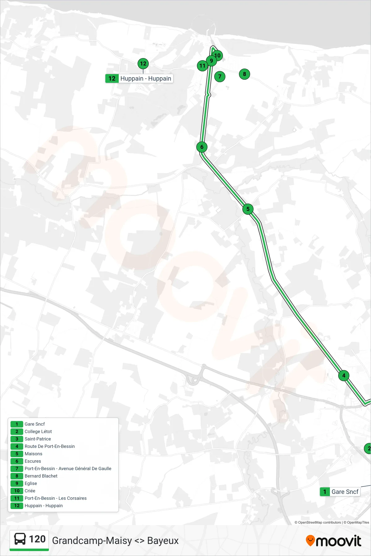 Recorrido y paradas de la línea 120 de autobús (Port-En-Bessin-Huppain) en el mapa