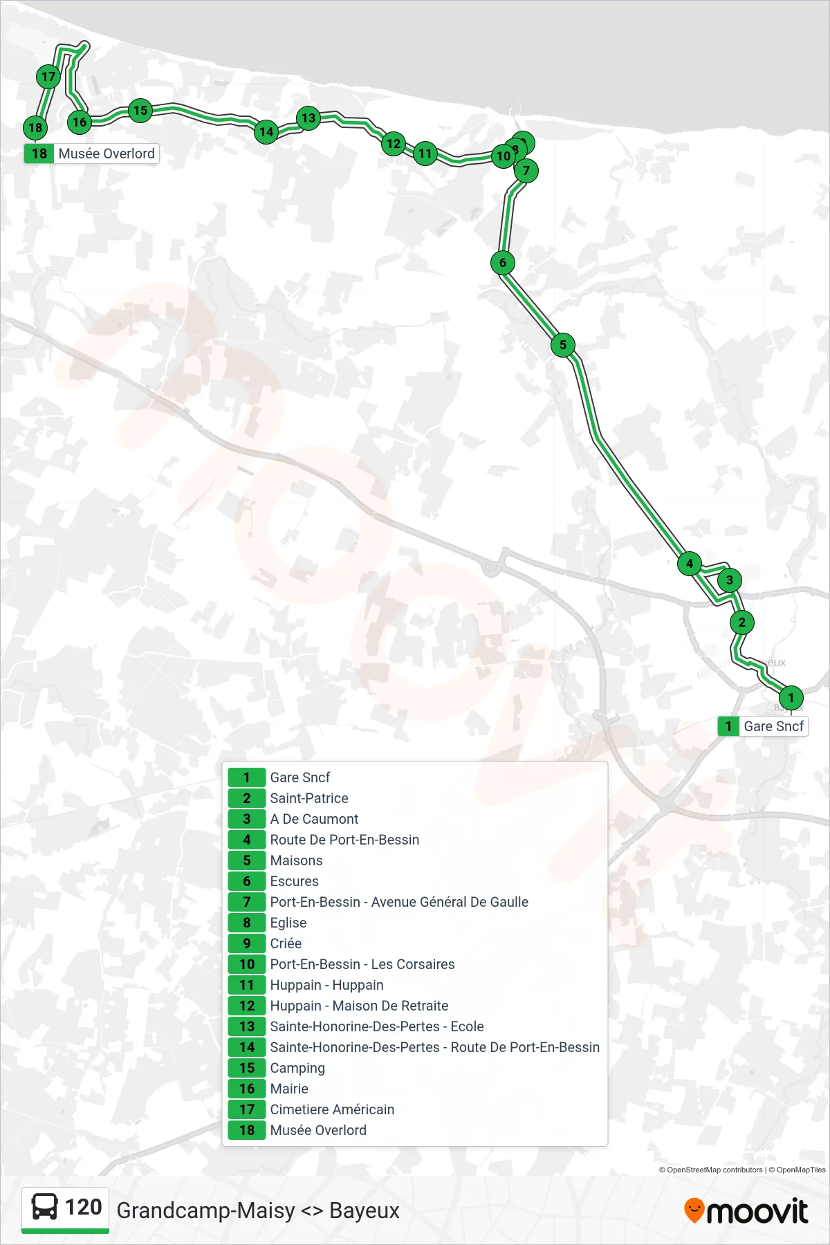 Tracé et arrêts de la ligne 120 de bus (Colleville-Sur-Mer) sur une carte