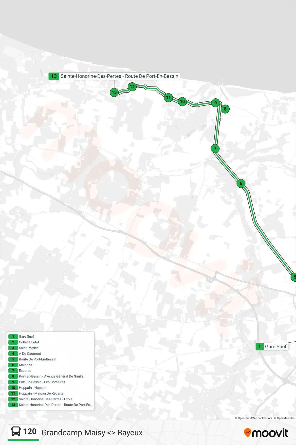 Tracé et arrêts de la ligne 120 de bus (Aure Sur Mer) sur une carte