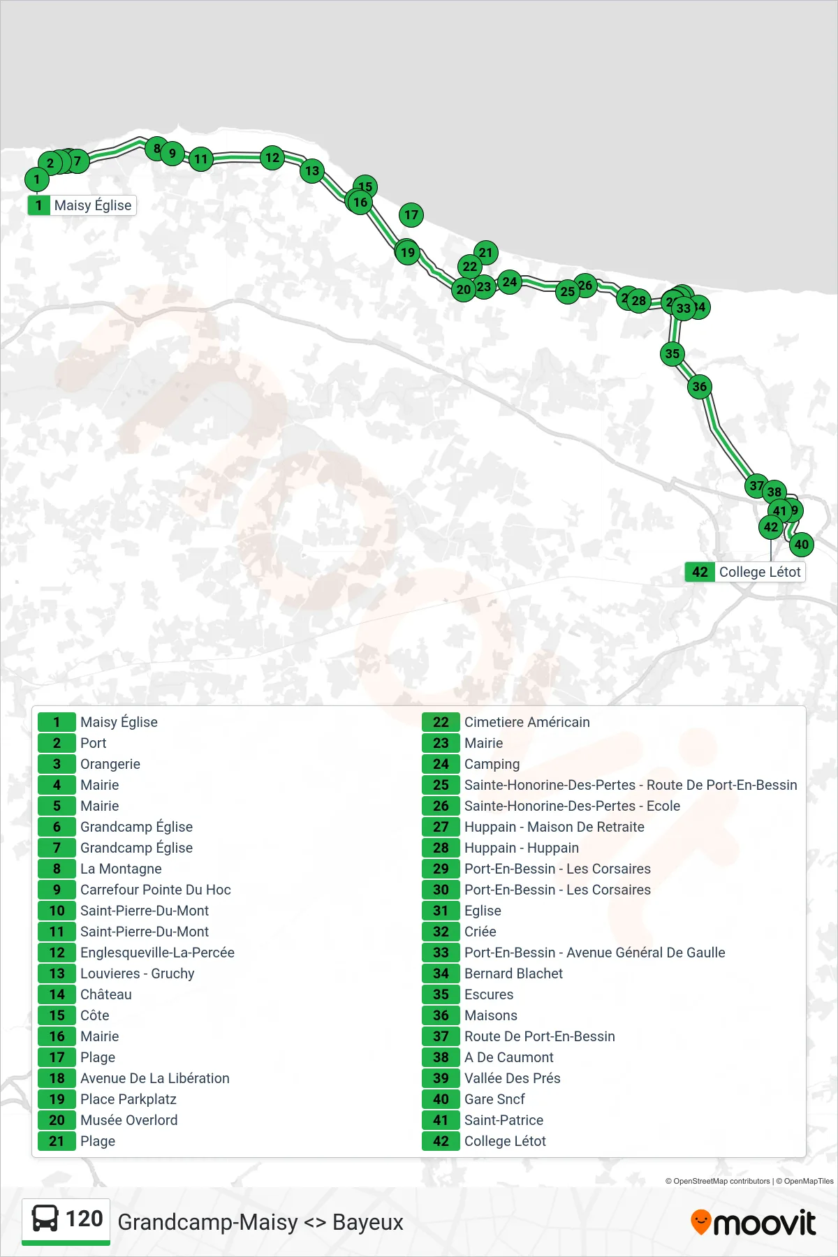 Recorrido y paradas de la línea 120 de autobús (Bayeux) en el mapa
