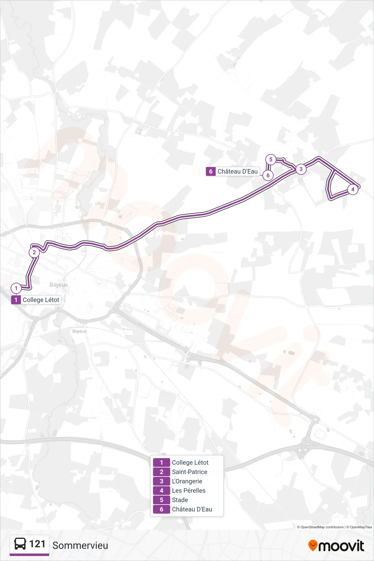 Tracé et arrêts de la ligne 121 de bus (Sommervieu) sur une carte