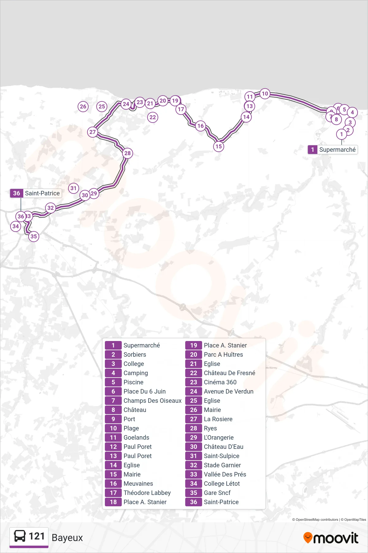 Tracé et arrêts de la ligne 121 de bus (Bayeux) sur une carte