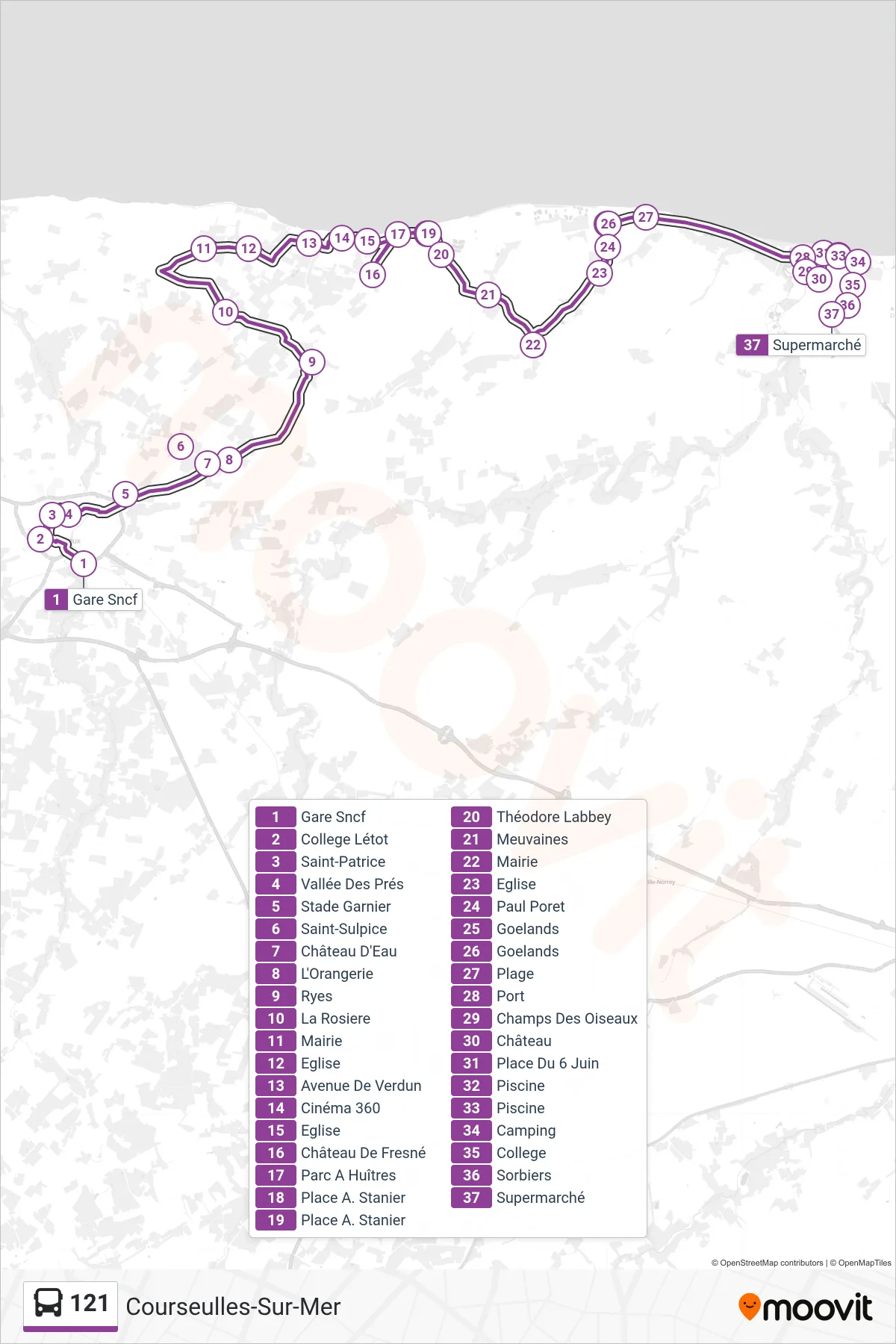 121 bus Line (Courseulles-Sur-Mer) route and stops on a map