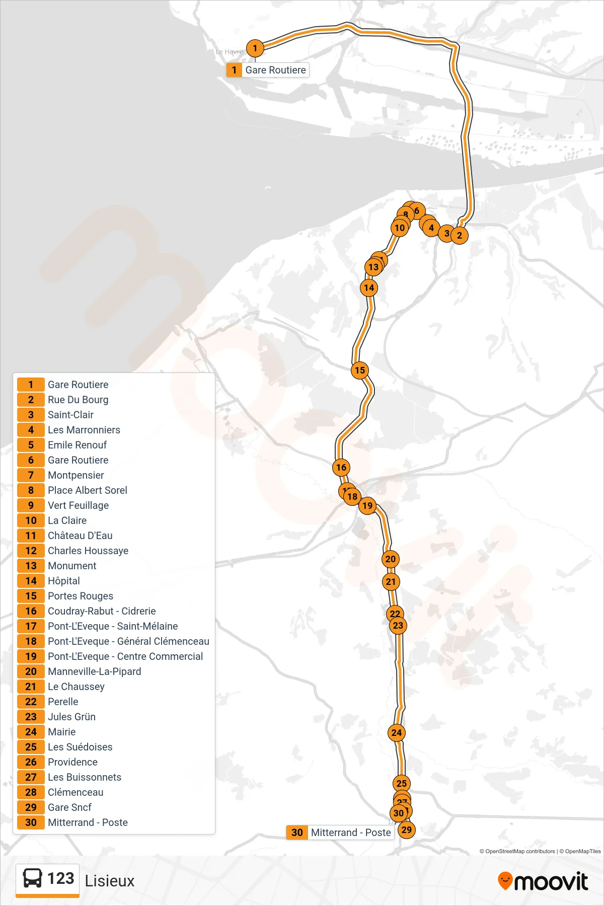 Tracé et arrêts de la ligne 123 de bus (Lisieux) sur une carte